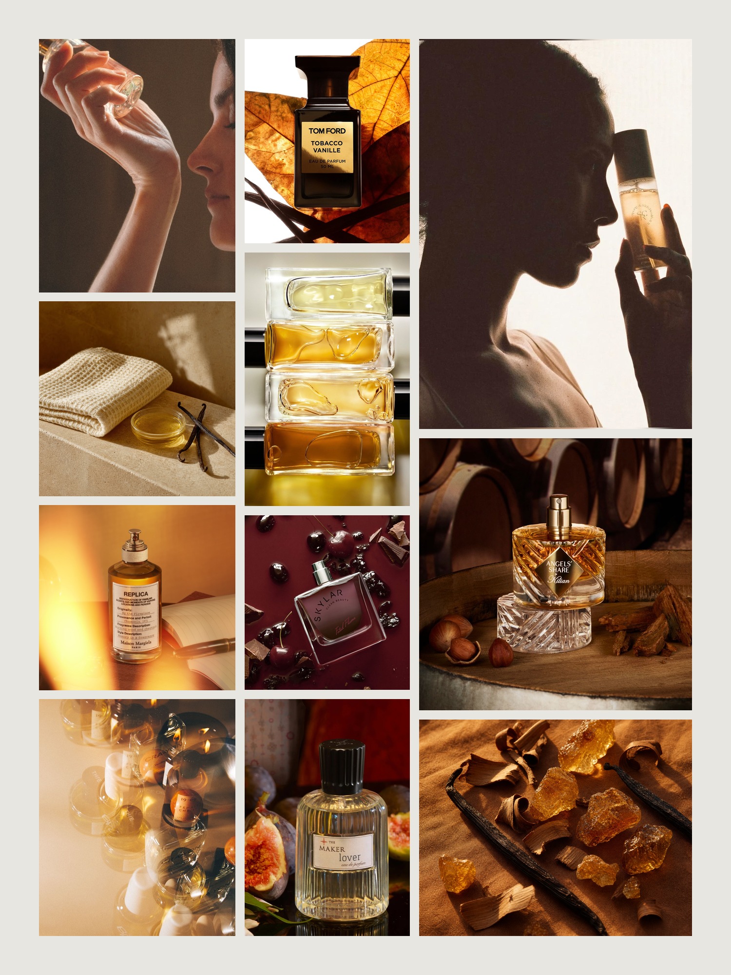Mood board of fall fragrance with amber bottles, florals and woods