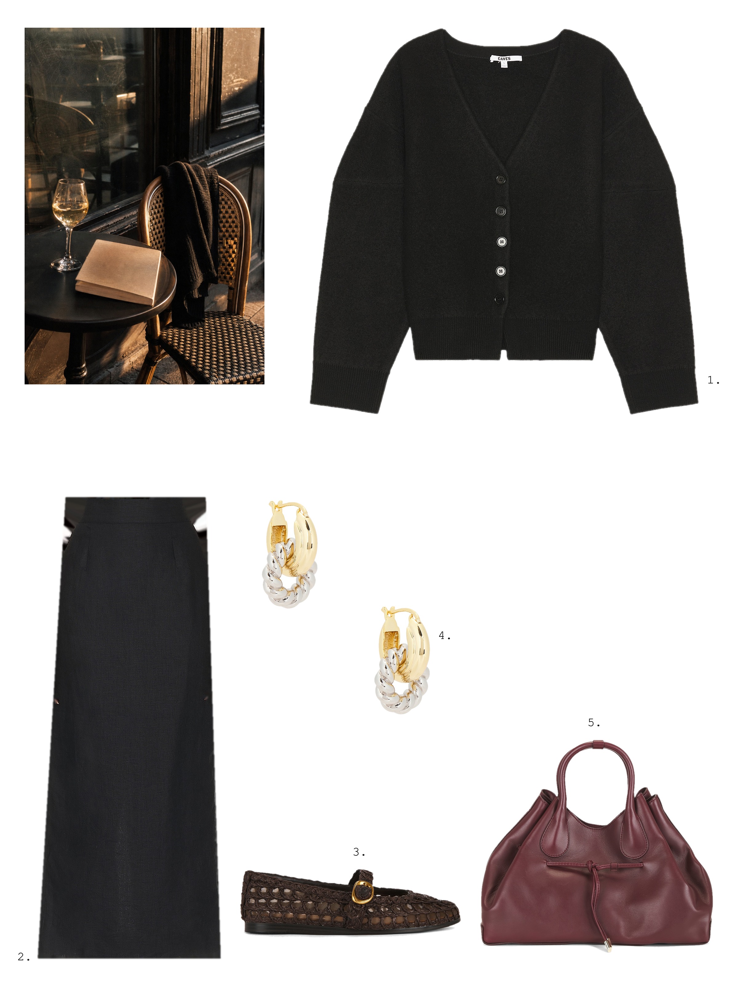 Office moodboard collage: a photo of a cafe table with wine and a book beside a black cardigan, a black pencil skirt, brown woven Mary Jane flats, two-tone rope hoops and a burgundy leather tote.