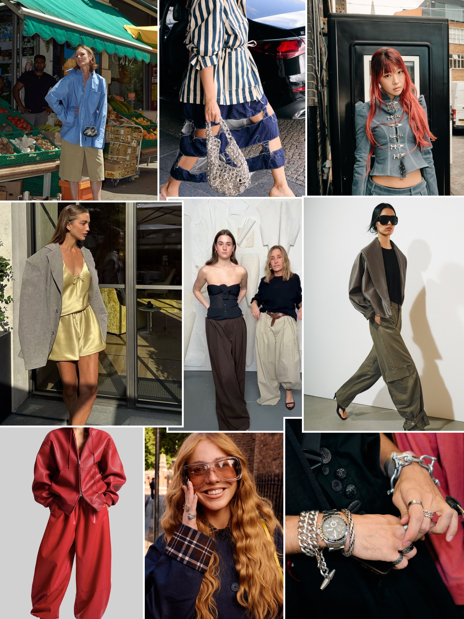 Collage of oversized streetwear, relaxed tailoring, denim layers and bold red pieces.