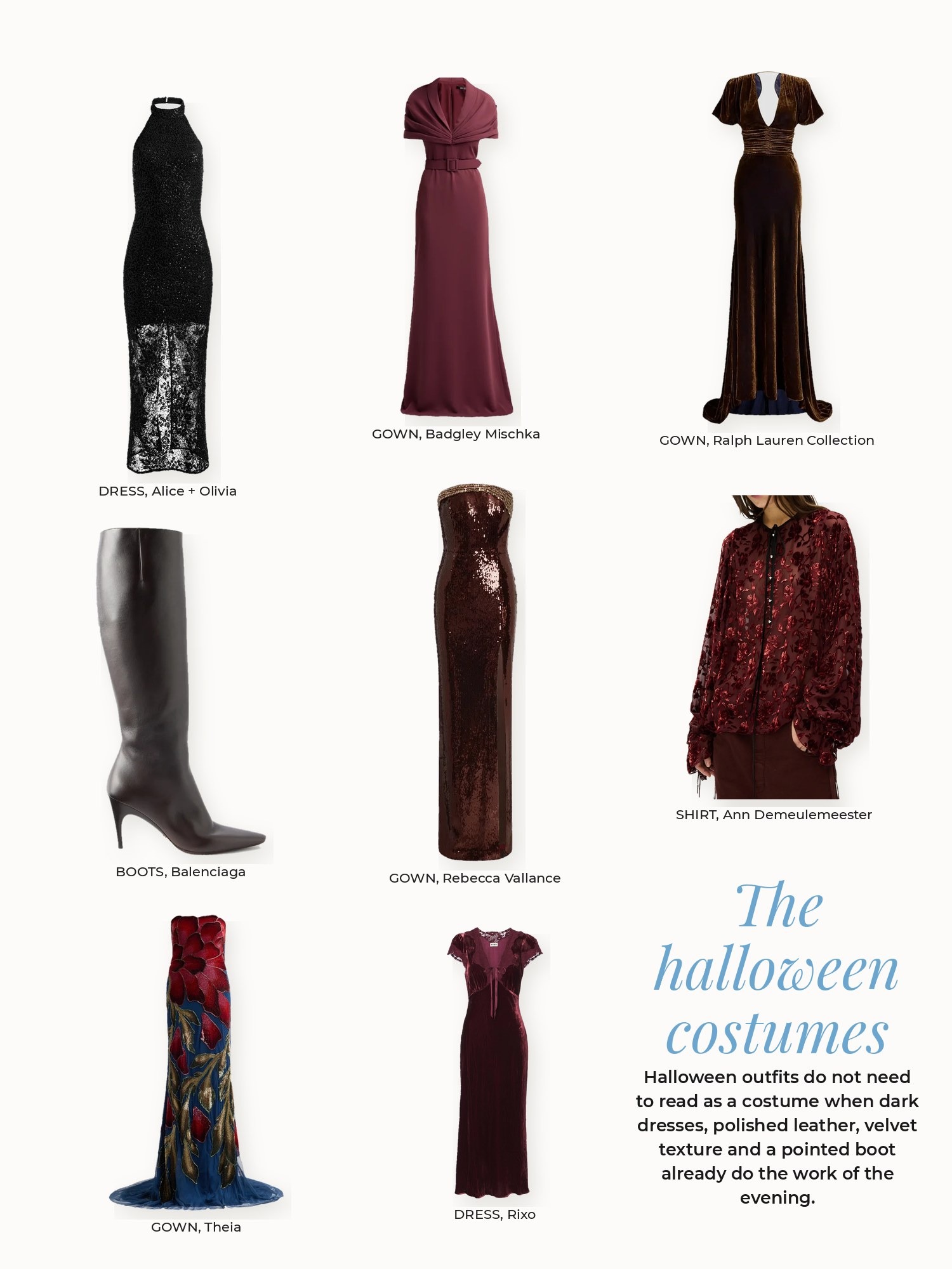Halloween costumes women collage: Alice + Olivia, Ann Demeulemeester, Badgley Mischka, Balenciaga, Ralph Lauren Collection, Rebecca Vallance, Rixo, Theia