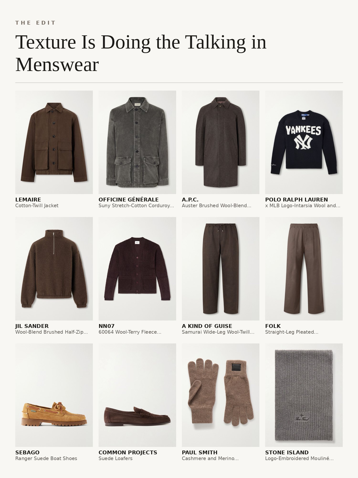 Collage of textured menswear: corduroy jackets, brushed wool knits, corduroy trousers, suede loafers and cashmere scarves