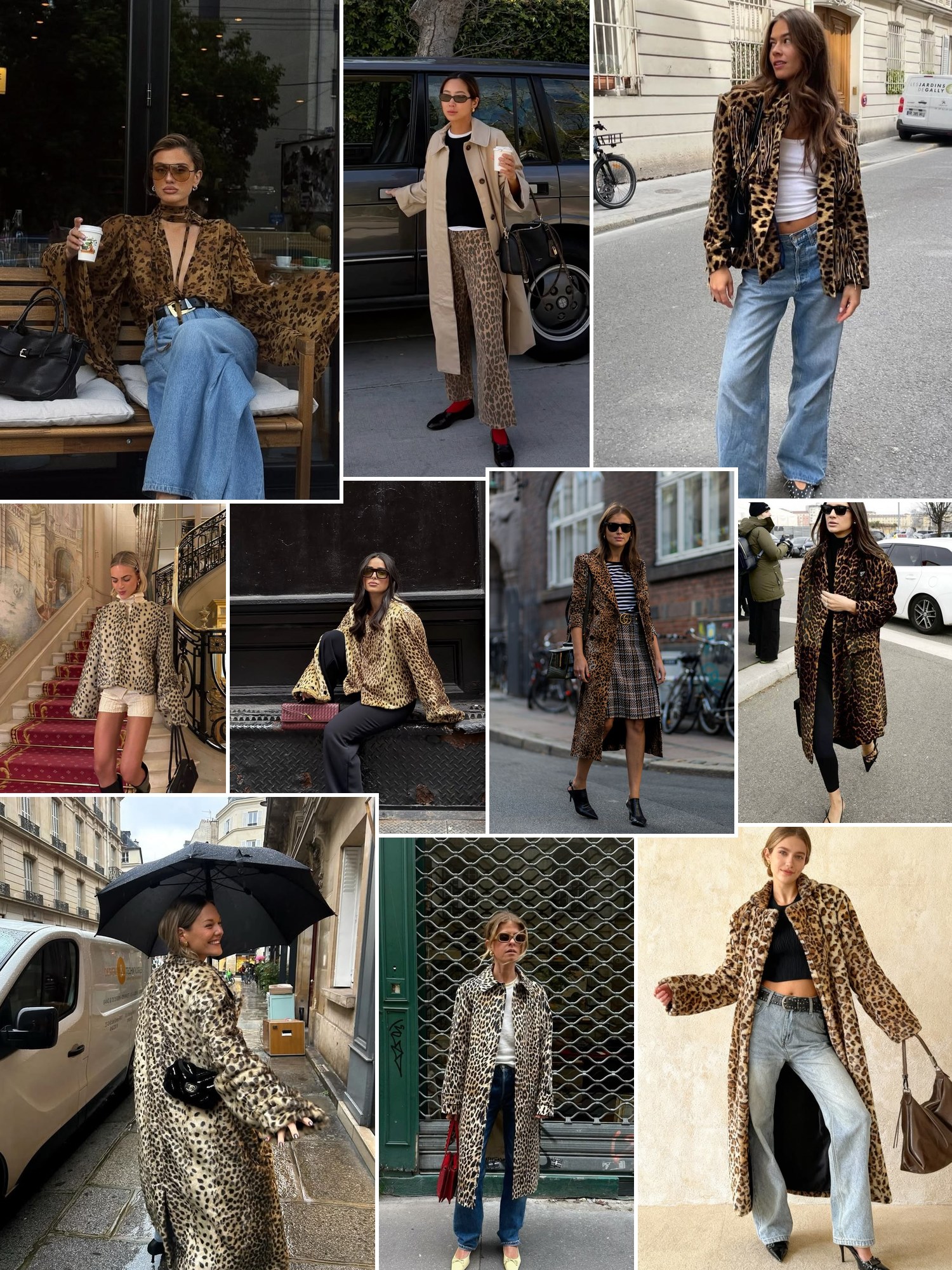 Street style collage of women wearing leopard print outfit