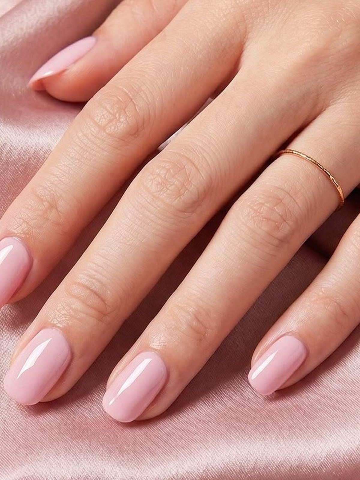Hand with a thin gold ring wearing glossy soft pink nails on pink satin