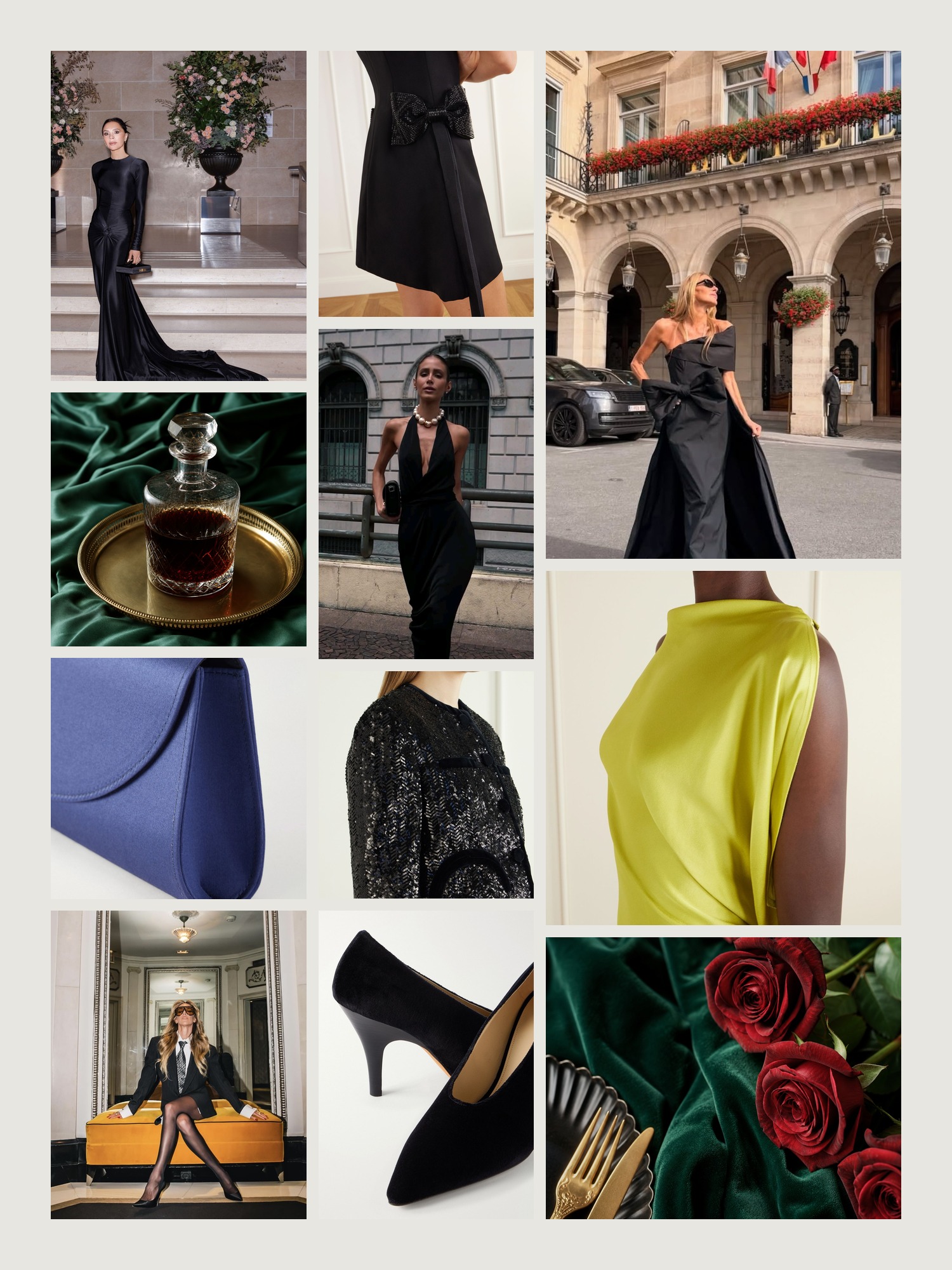 Mood board of formal attire in emerald, garnet and gold