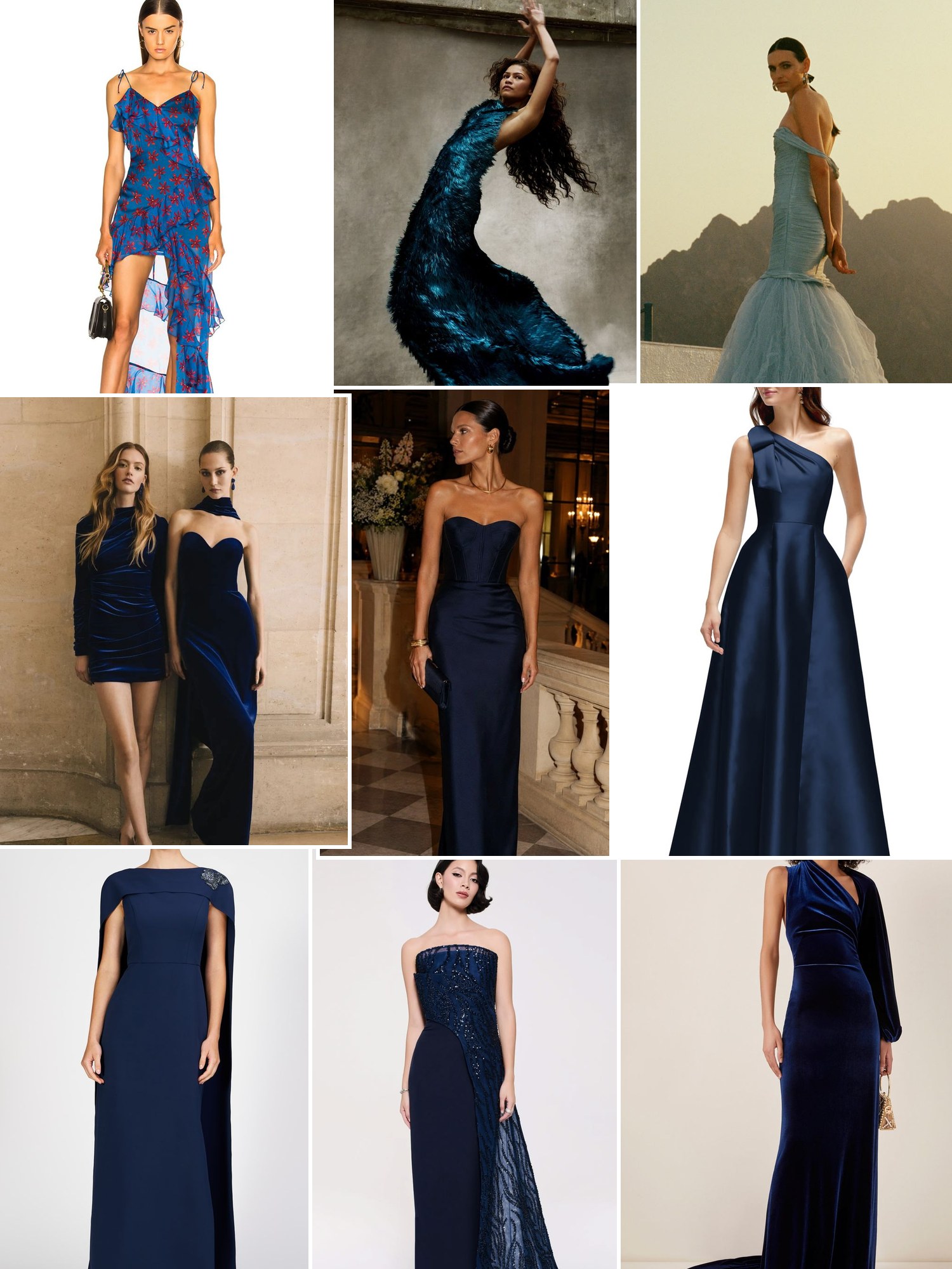 Collage of everyday outfits built around blue formal dresses