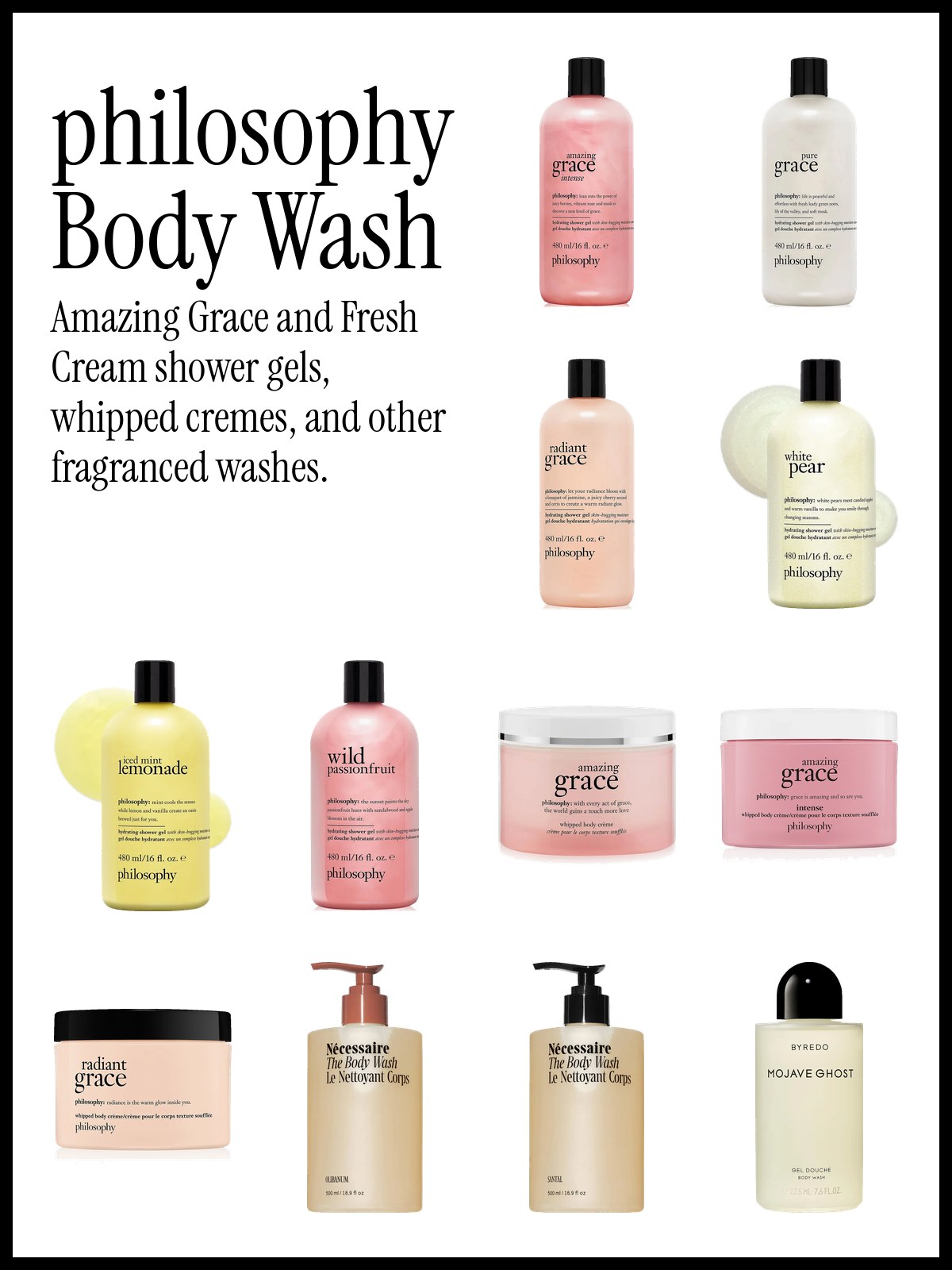 Collage of philosophy Amazing Grace, Pure Grace, Radiant Grace and White Pear shower gels with whipped body crèmes and Nécessaire and Byredo body washes