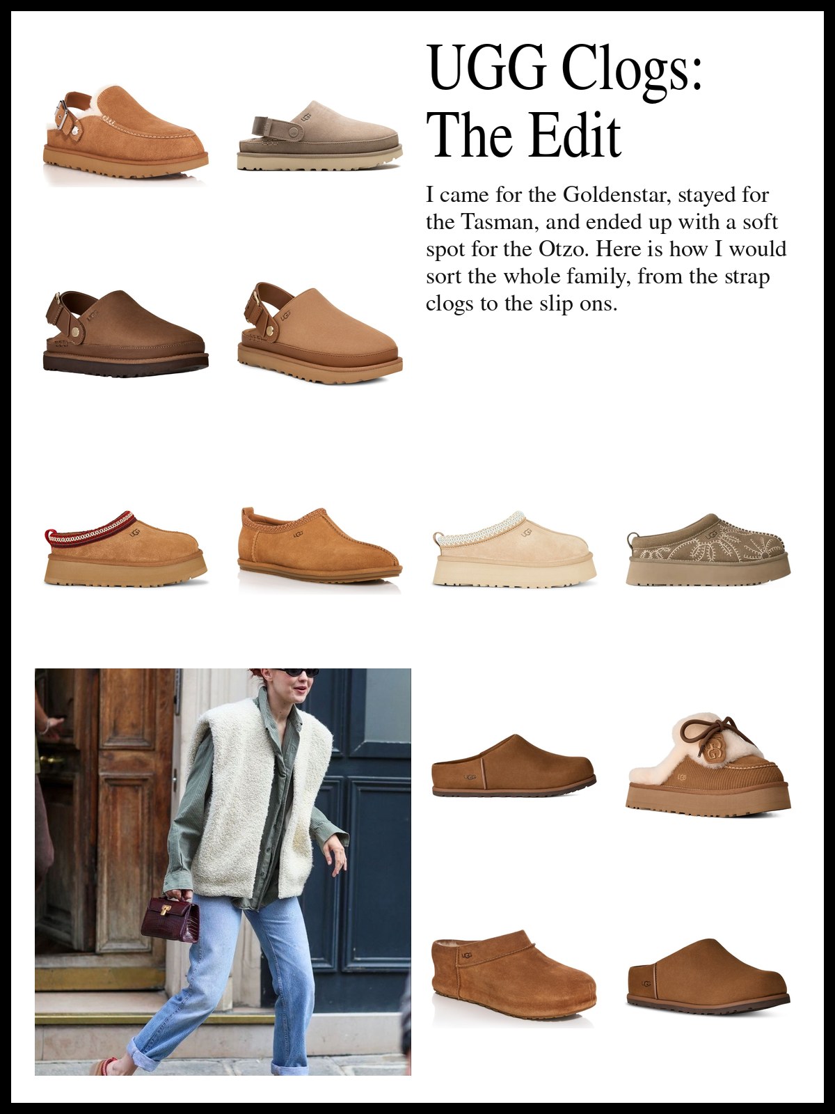 A collage of UGG clogs, mules and slipper clogs in suede and shearling shapes, and a mood photo of a woman in a shearling vest, jeans and chestnut slip ons.