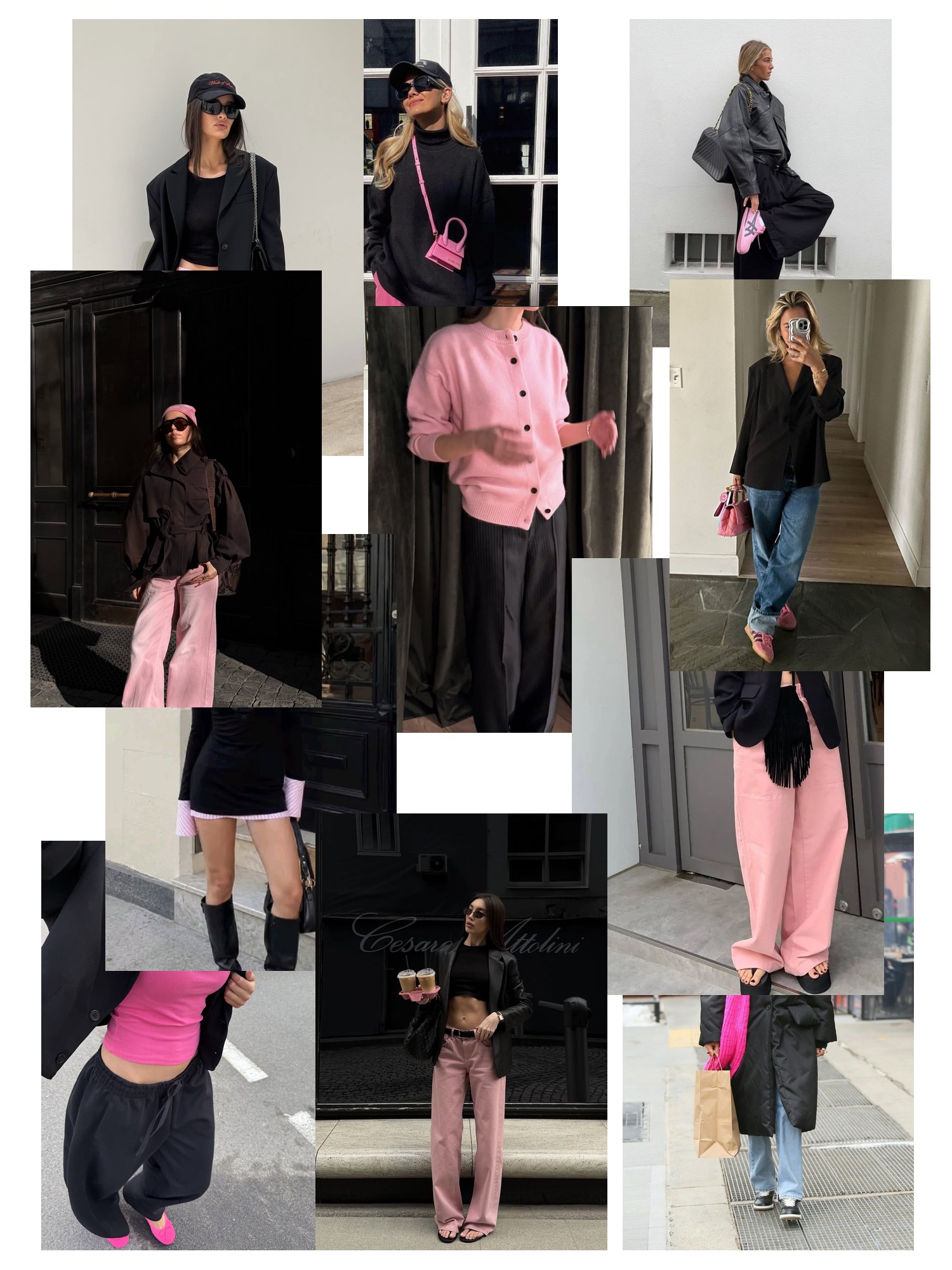 Collage of eleven street-style photos of women wearing pink and black outfits, scattered and overlapping on white