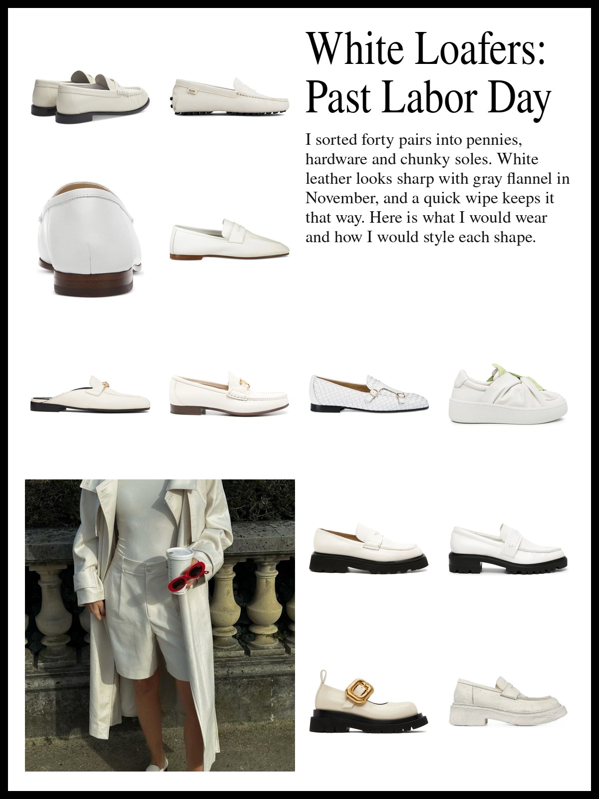 A collage of white and ivory leather loafers including penny, driving, horsebit, tassel and chunky-sole styles, and a mood photo of a long cream coat, white shorts and white loafers by a stone balustrade.