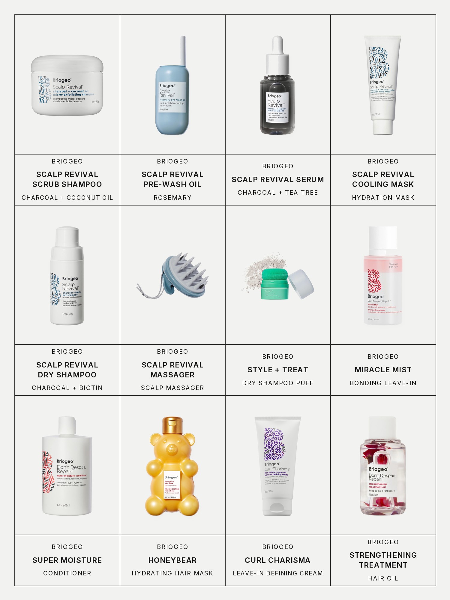 Twelve boxes on a pale gray page, one for each product in this edit, each with its brand and name printed below: Briogeo Scalp Revival Charcoal + Coconut Oil Micro-exfoliating Scalp Scrub Shampoo, Briogeo Scalp Revival Rosemary Pre-Wash Scalp and Hair Oil, Briogeo Scalp Revival Charcoal + Tea Tree Scalp Treatment Serum, Briogeo Scalp Revival Charcoal + Tea Tree Cooling Hydration Mask, Briogeo Scalp Revival Charcoal + Biotin Dry Shampoo, Briogeo Scalp Revival Stimulating Therapy Massager, Briogeo Style + Treat Dry Shampoo Powder Puff in Translucent, Briogeo Don't Despair, Repair! Miracle Mist Bonding Leave-In Conditioner, Briogeo Don't Despair, Repair! Super Moisture Conditioner, Briogeo Honeybear Hydrating Hair Mask with Honey Scent, Briogeo Curl Charisma Rice Amino + Avocado Leave–In Defining Cream and Briogeo Don't Despair, Repair! Strengthening Treatment Hair Oil.