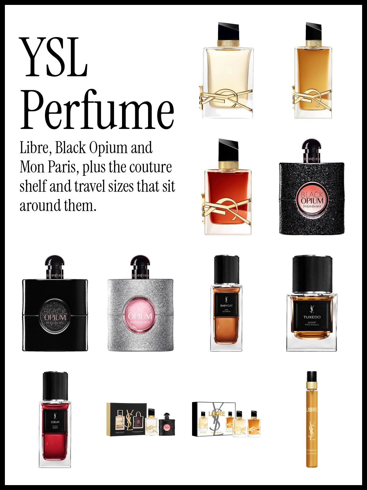 Collage of YSL perfumes including Libre, Black Opium and Mon Paris