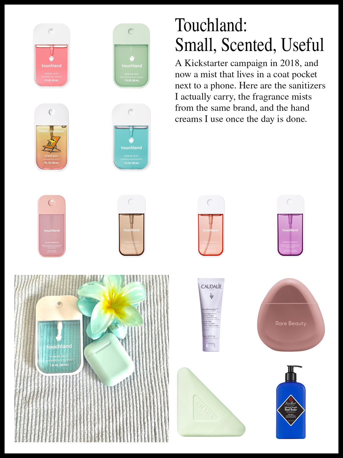 Collage of Touchland sanitizer mists, fragrance mists and hand creams beside a studio photo of a takeaway coffee cup wrapped in white earbud wires with a small silver-capped bottle of liquid eyeshadow tucked into the cord.