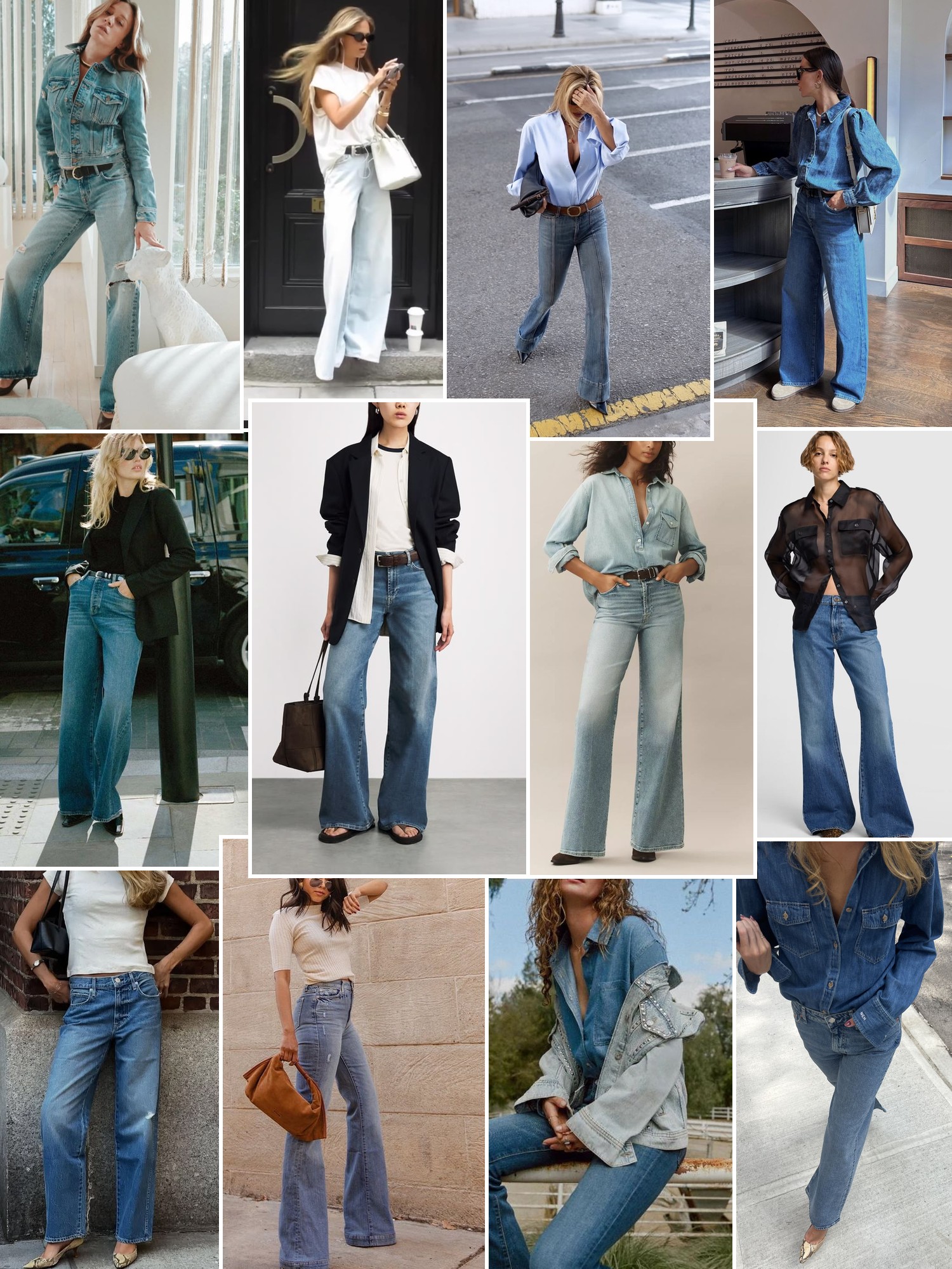Collage of street style outfits in wide leg, flare and straight jeans with denim shirts, blazers and white tees