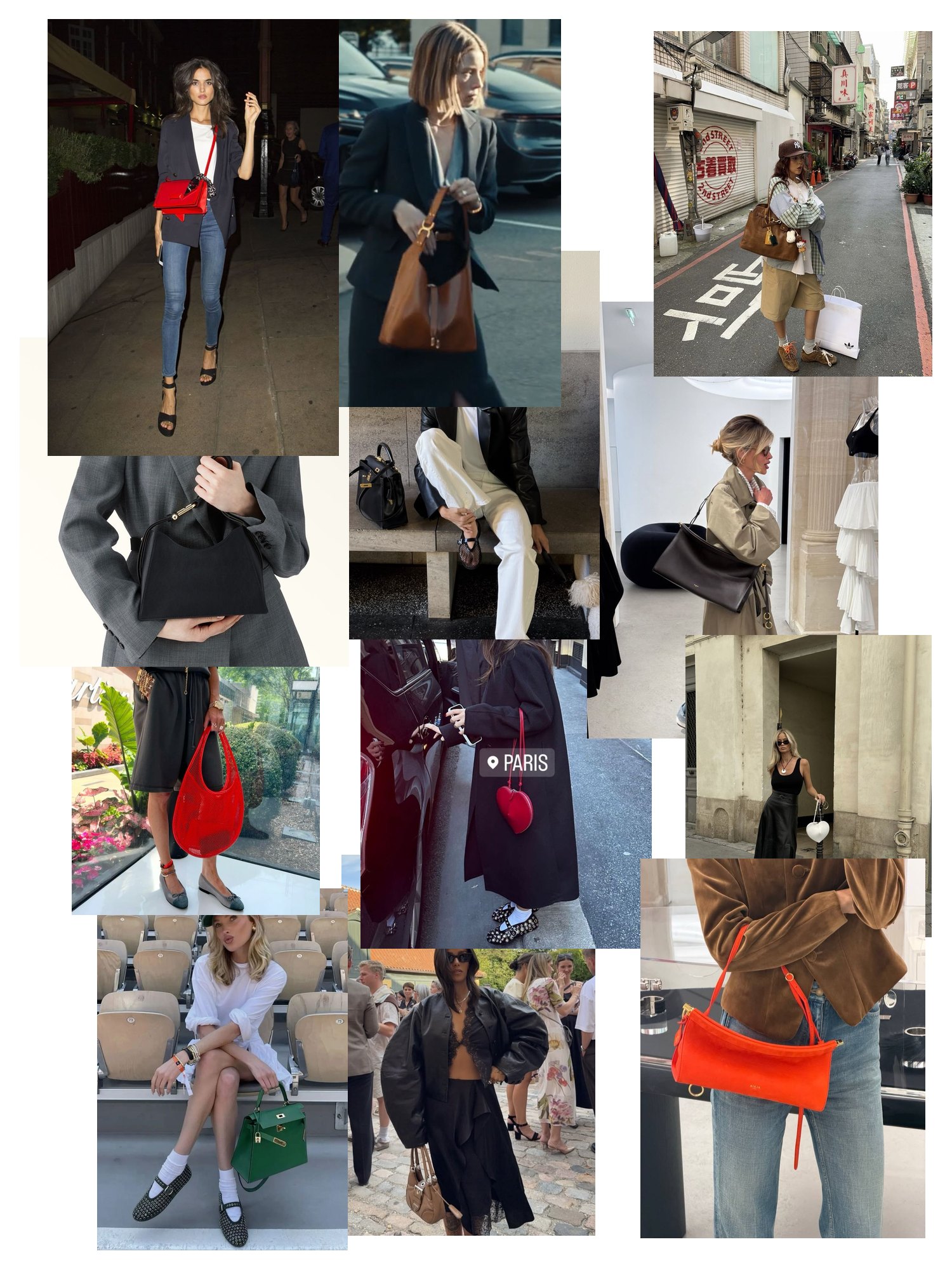 Street-style collage of 12 outfit photos featuring alaia bag, scattered and overlapping