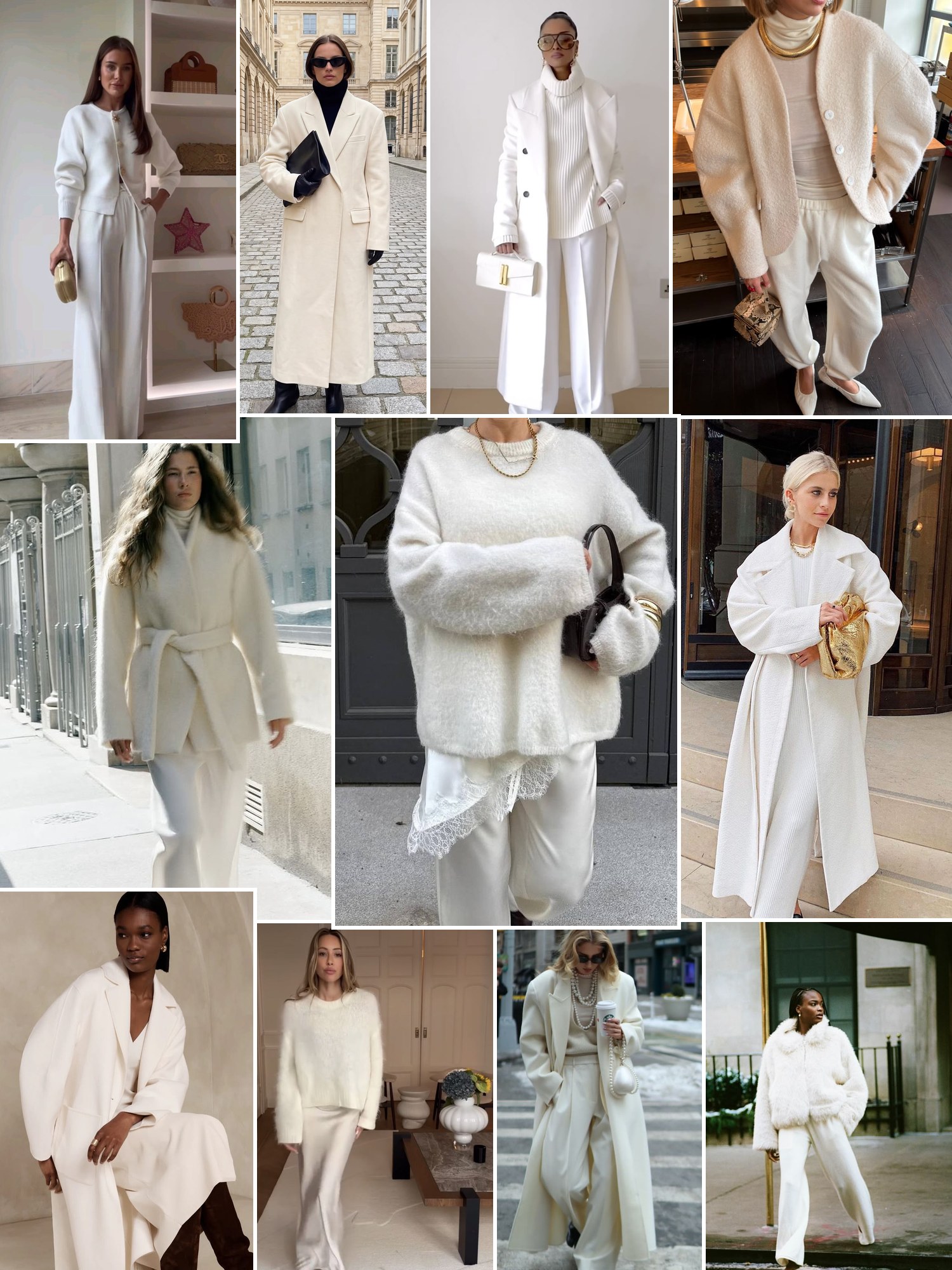 Collage of winter white outfits with ivory knits and coats