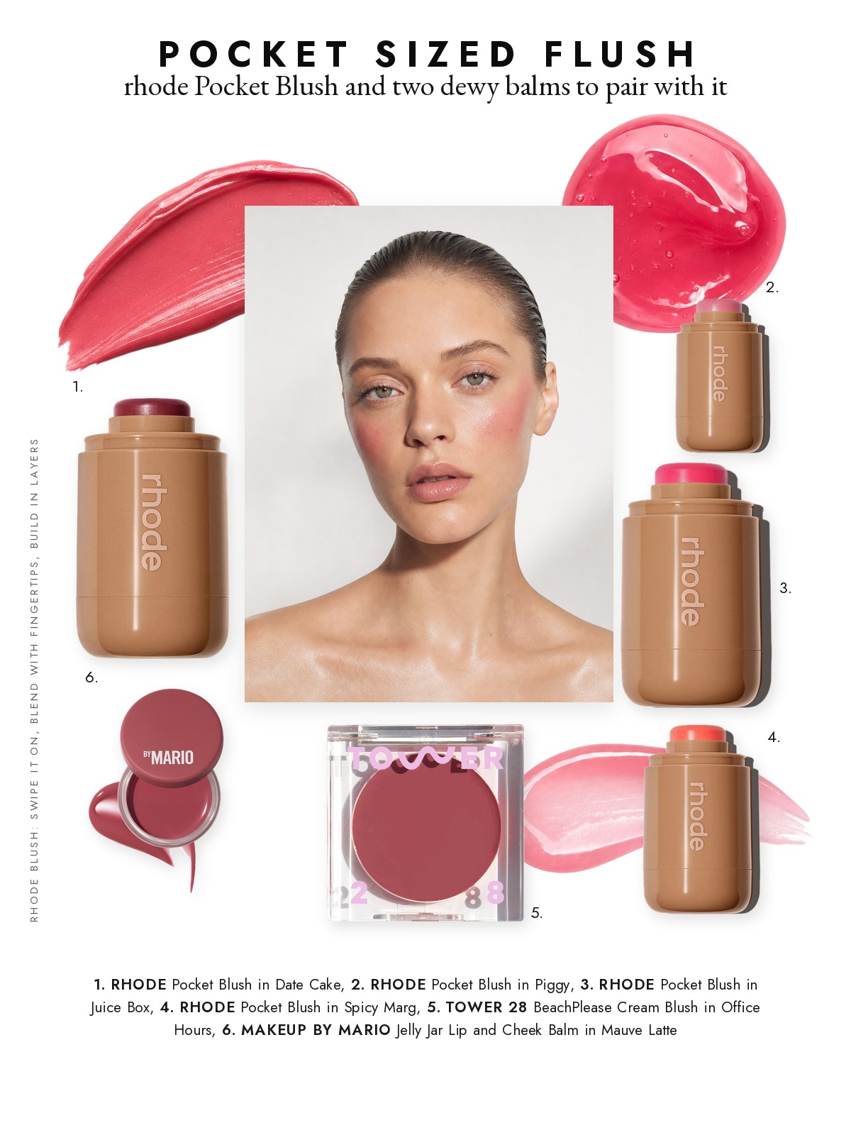 Magazine page collage for Rhode Blush: Pocket Blush Shades and Dewy Balms to Pair, featuring rhode, Tower 28 and Makeup by Mario