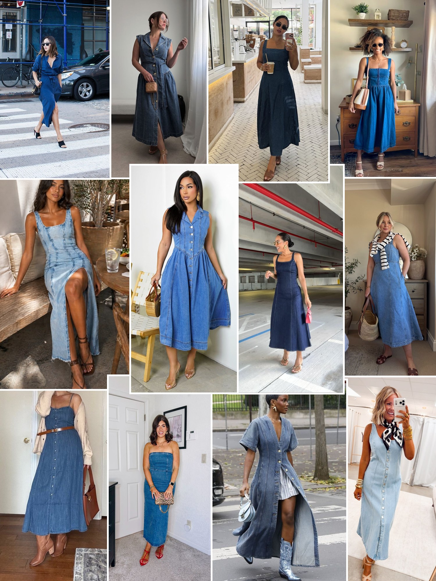 Collage of denim midi dress street style