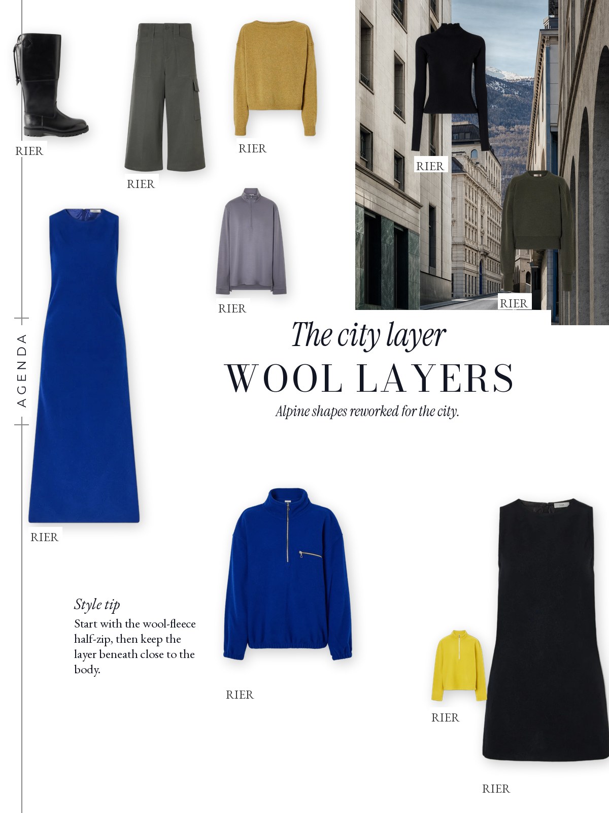 Trend-page style-tip collage featuring Wool-fleece midi dress, Wool-fleece mini dress, Polar wool-fleece half-zip sweatshirt by RIER and other edit picks.
