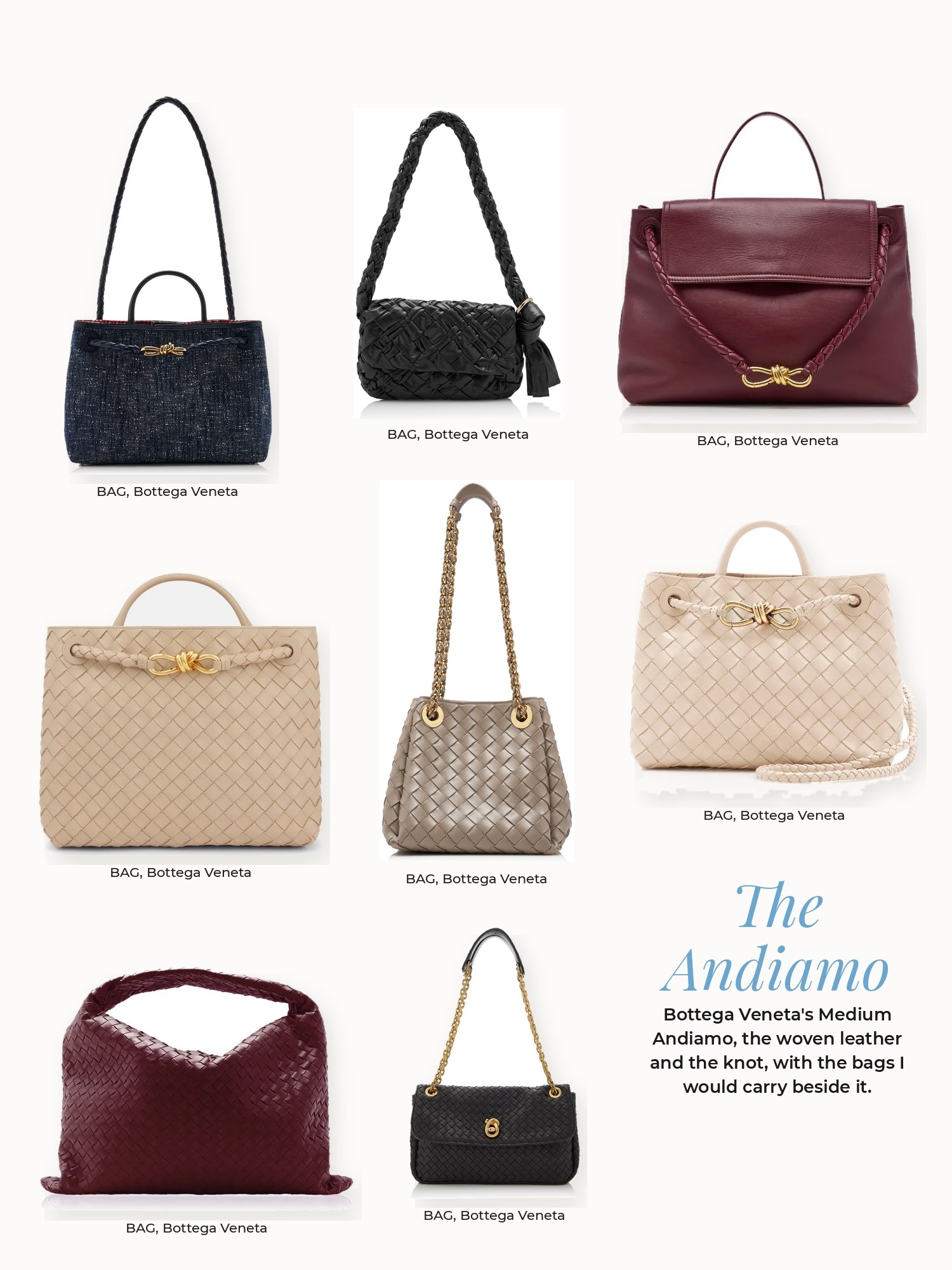 Bottega collage: Bottega Veneta Medium Andiamo, Small Andiamo, Kalimero, Parachute, Hop and Madison bags