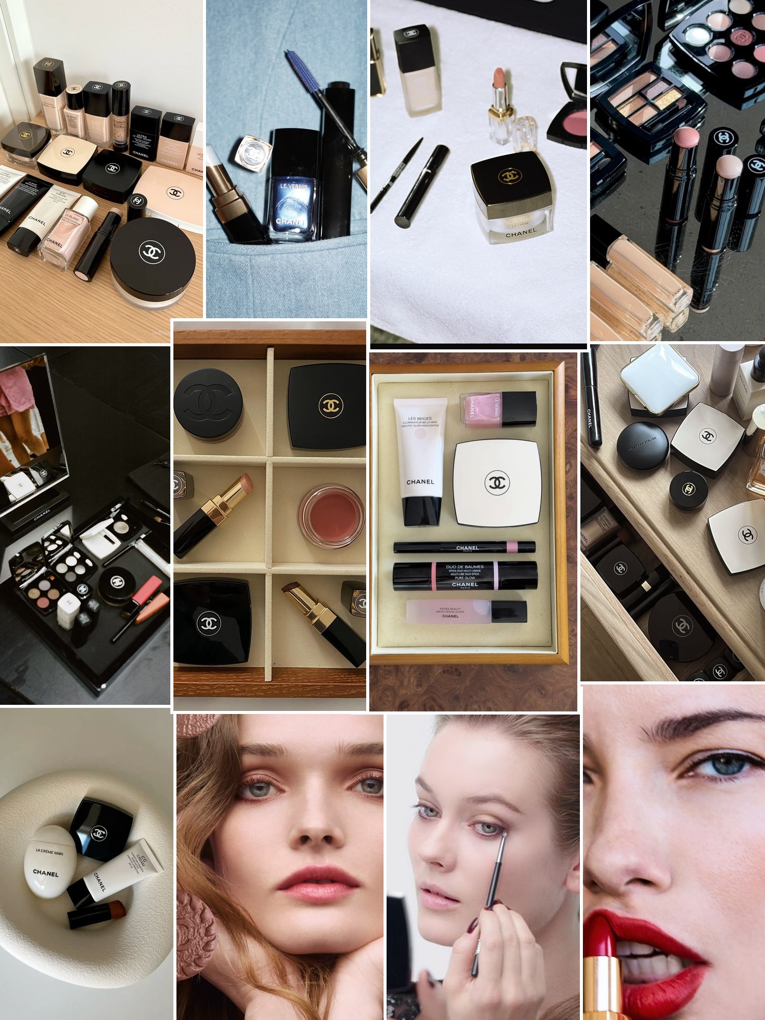 Collage of everyday outfits built around Chanel makeup
