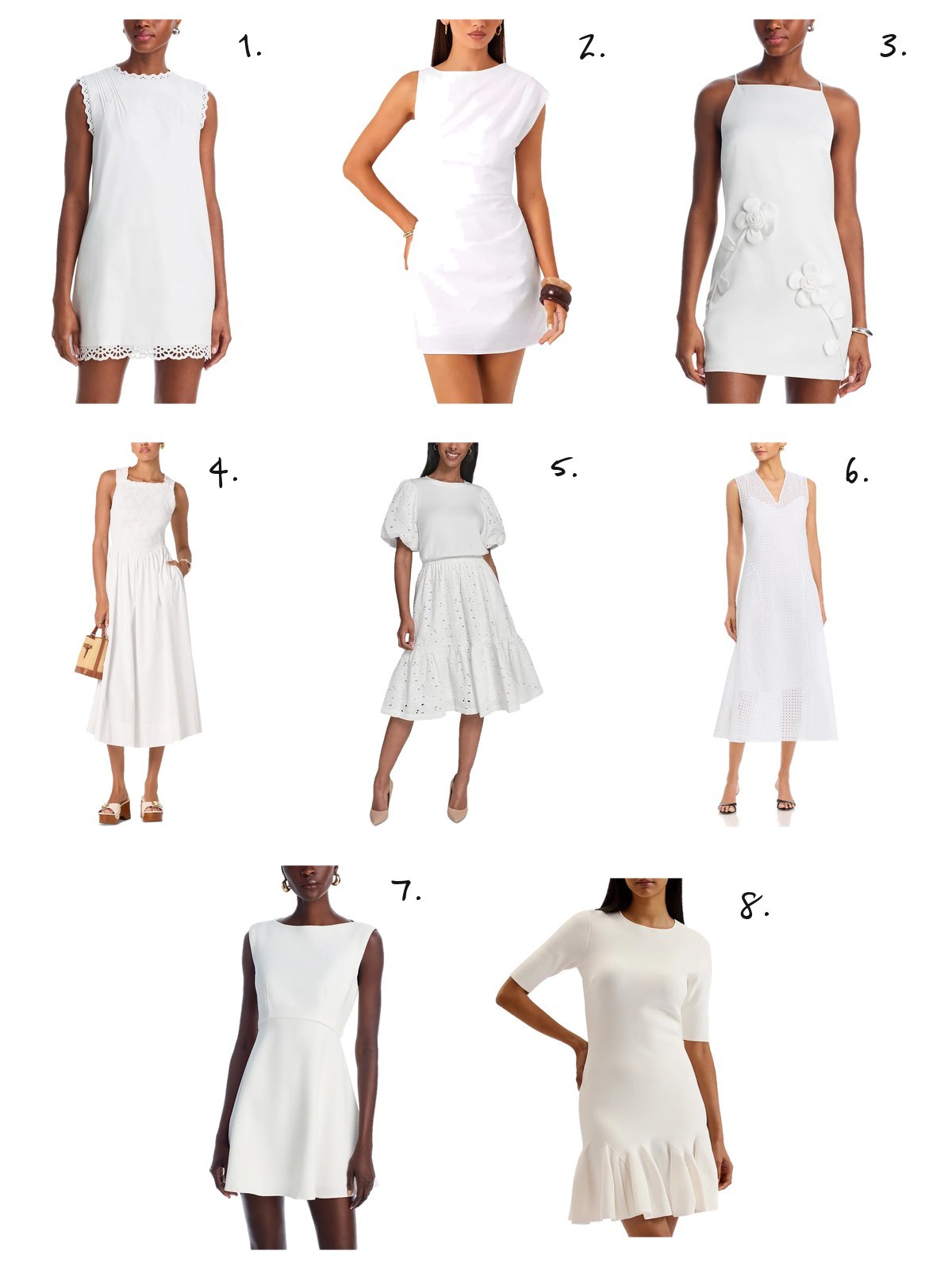 Eight white dresses, numbered one to eight