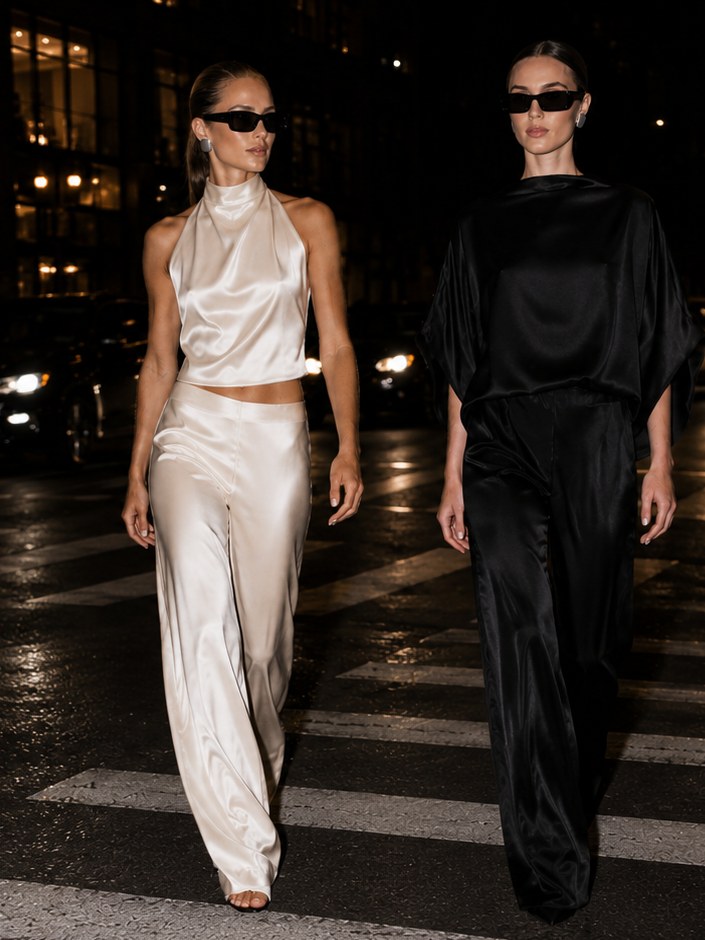 Two models in satin looks walking through a city street at night