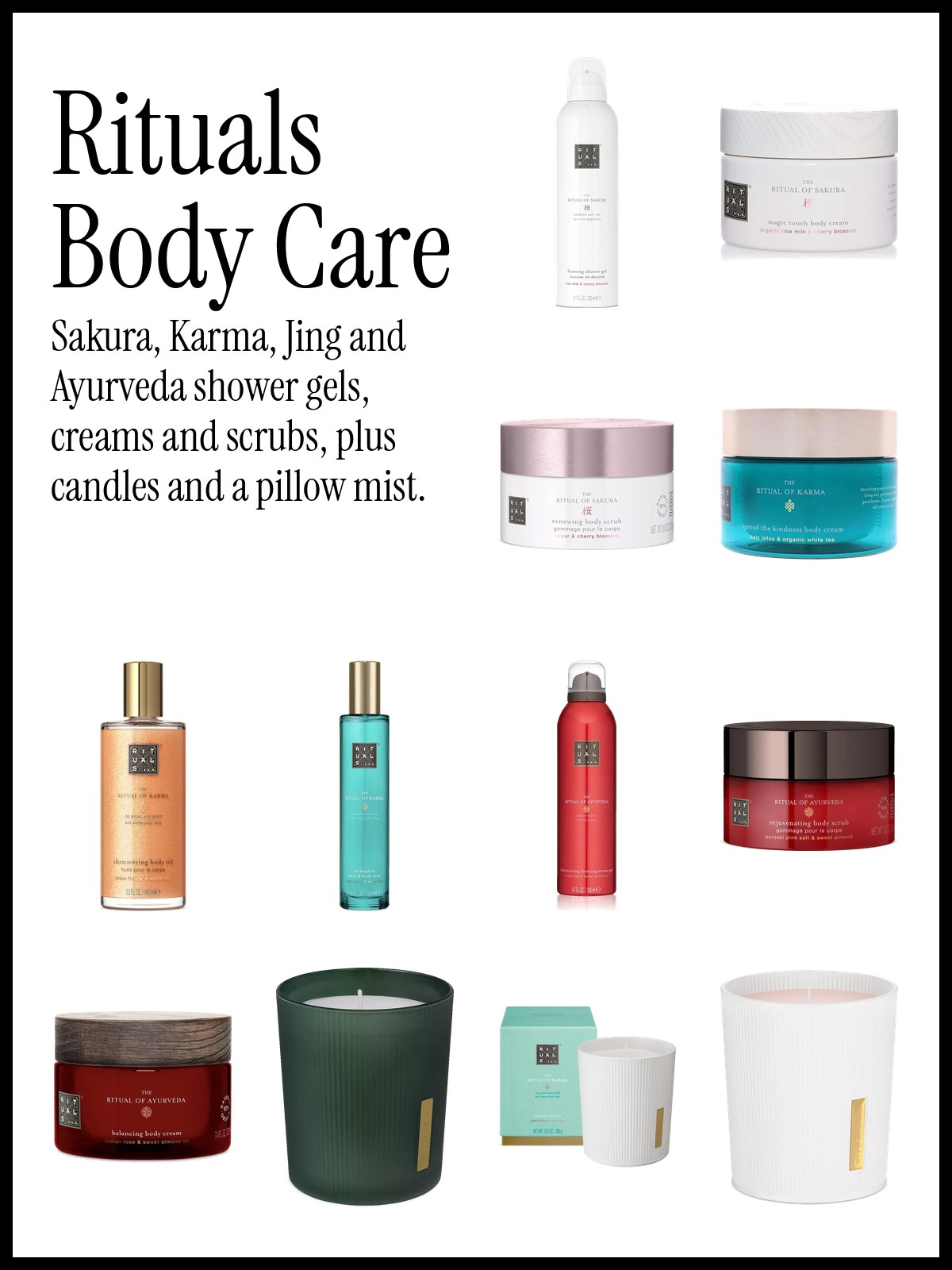 Collage of Rituals Sakura foaming shower gel, body cream and body scrub with Karma body oil and mist, Ayurveda shower gel and scrub, and Jing, Karma and Sakura candles