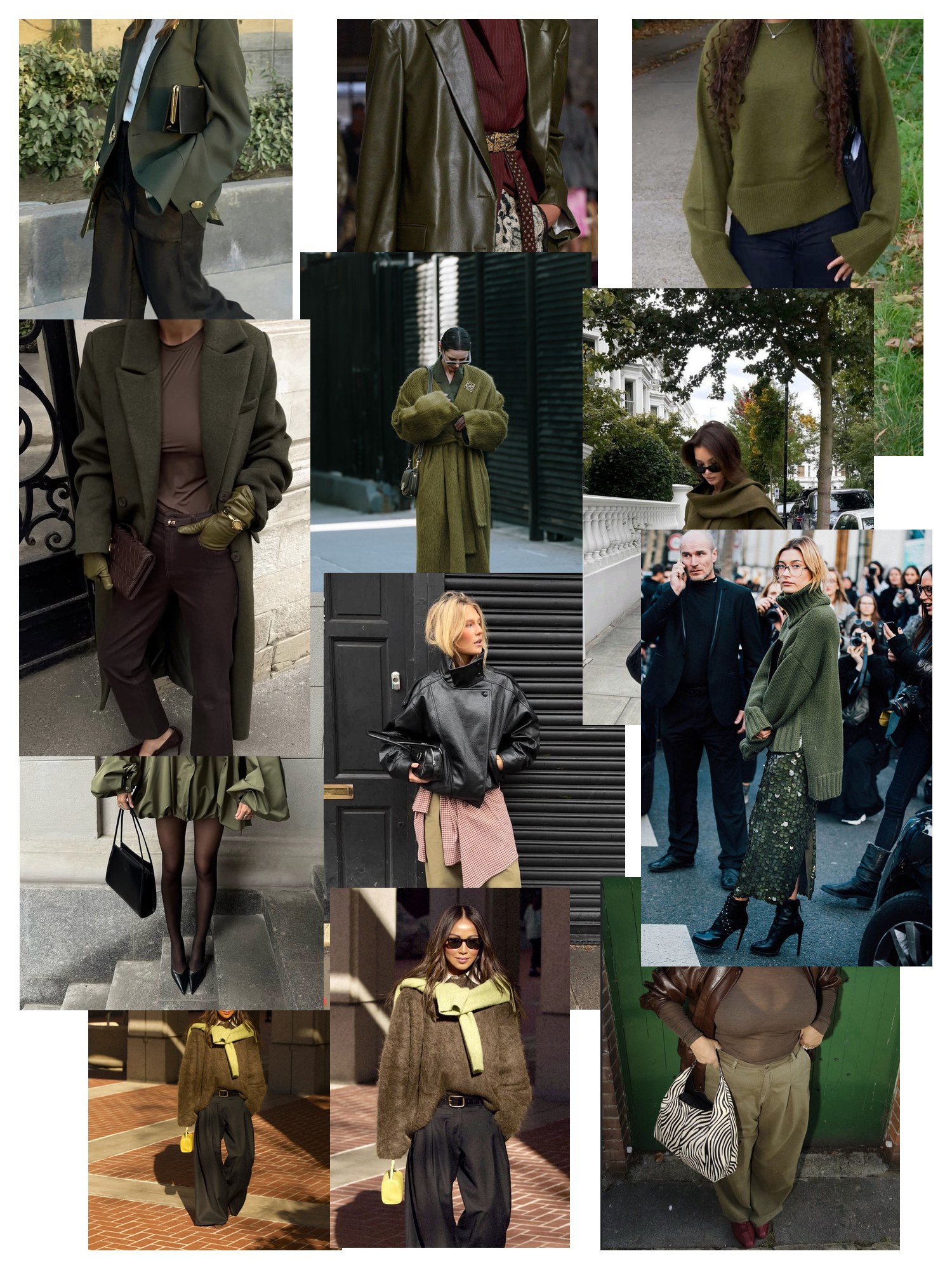 Collage of twelve street-style photos of women wearing olive green and black outfits, scattered and overlapping on white