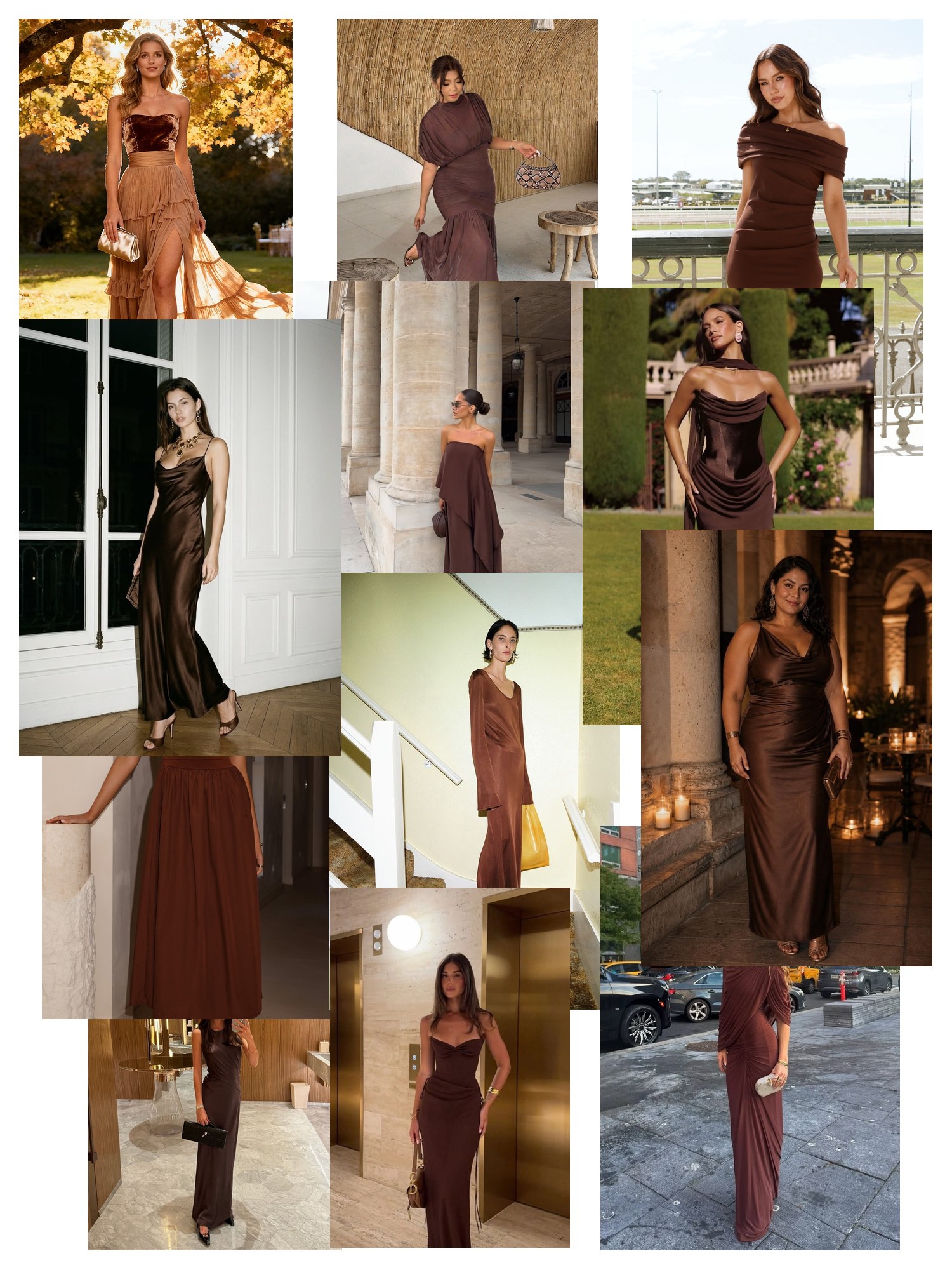 Collage of twelve street-style and editorial photos featuring Brown Wedding Guest Dress, scattered and overlapping