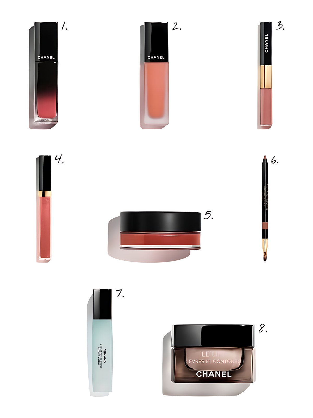 Numbered collage: 1. Chanel ROUGE ALLURE LAQUE; 2. Chanel ROUGE ALLURE LIQUID VELVET; 3. Chanel LE ROUGE DUO ULTRA TENUE Ultrawear Liquid Lip Colour; 4. Chanel ROUGE COCO HYDRA GLOSS; 5. Chanel N°1 DE CHANEL LIP AND CHEEK BALM; 6. Chanel LE CRAYON LÈVRES; 7. Chanel HYDRA BEAUTY MICRO SÉRUM LÈVRES; 8. Chanel LE LIFT 0.53 oz.