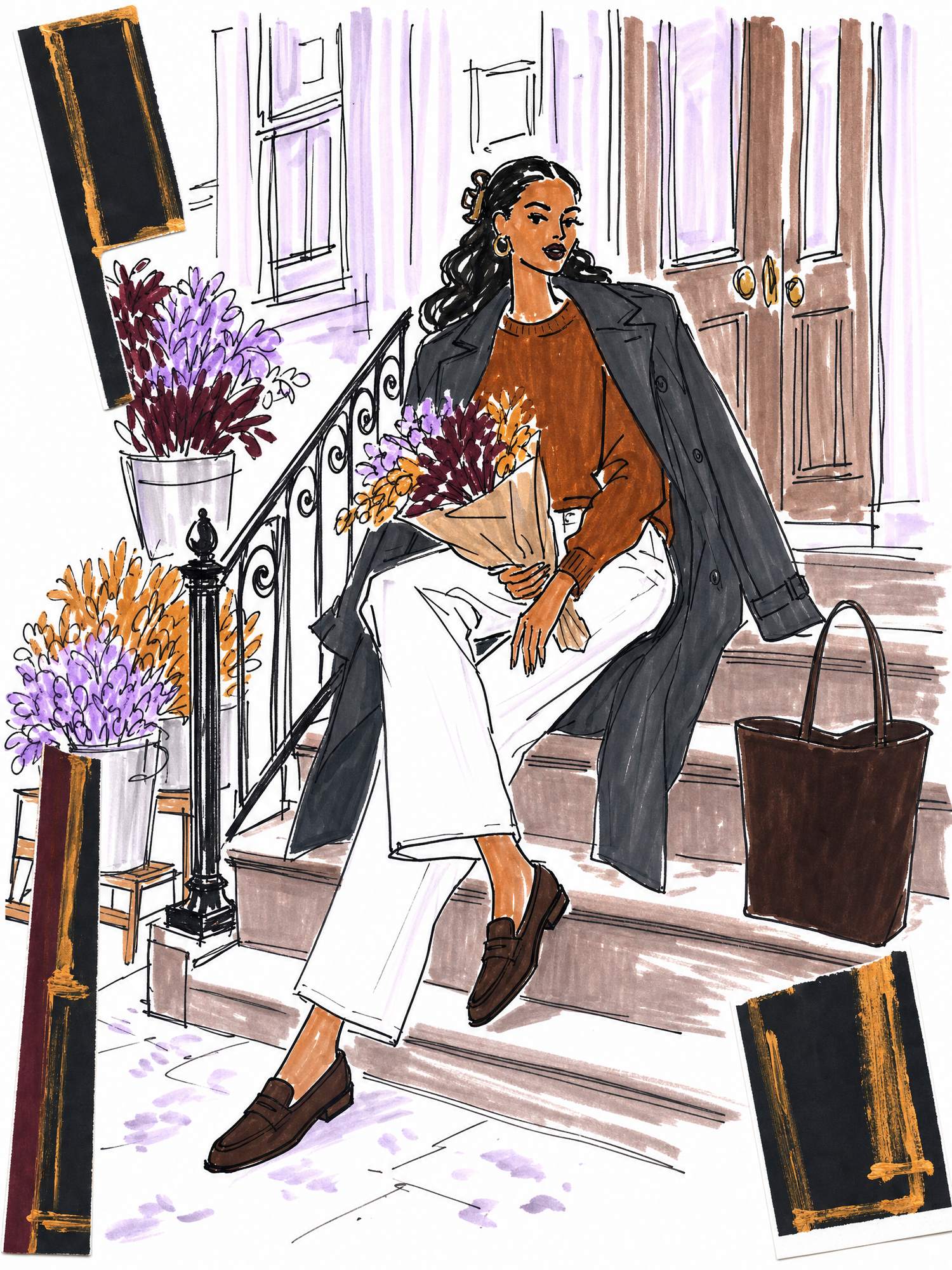 Illustration of a woman on a Brooklyn stoop in a black trench over her shoulders, brown alpaca sweater, white jeans and chocolate suede loafers