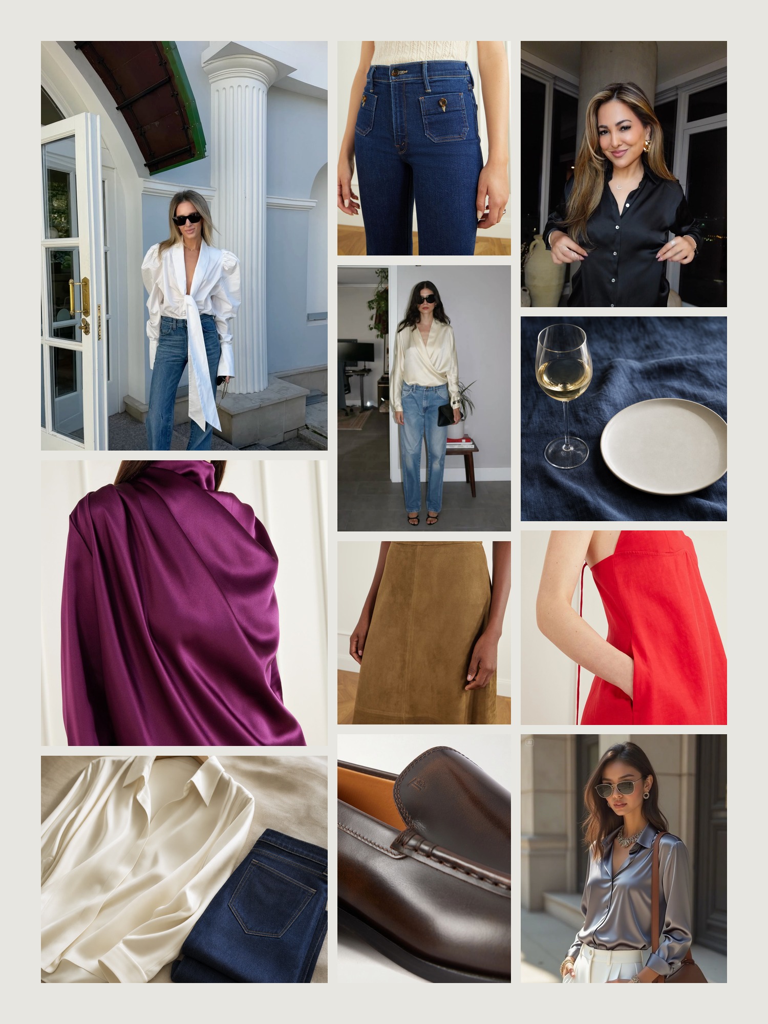 Mood board of dressy casual in ivory silk and denim
