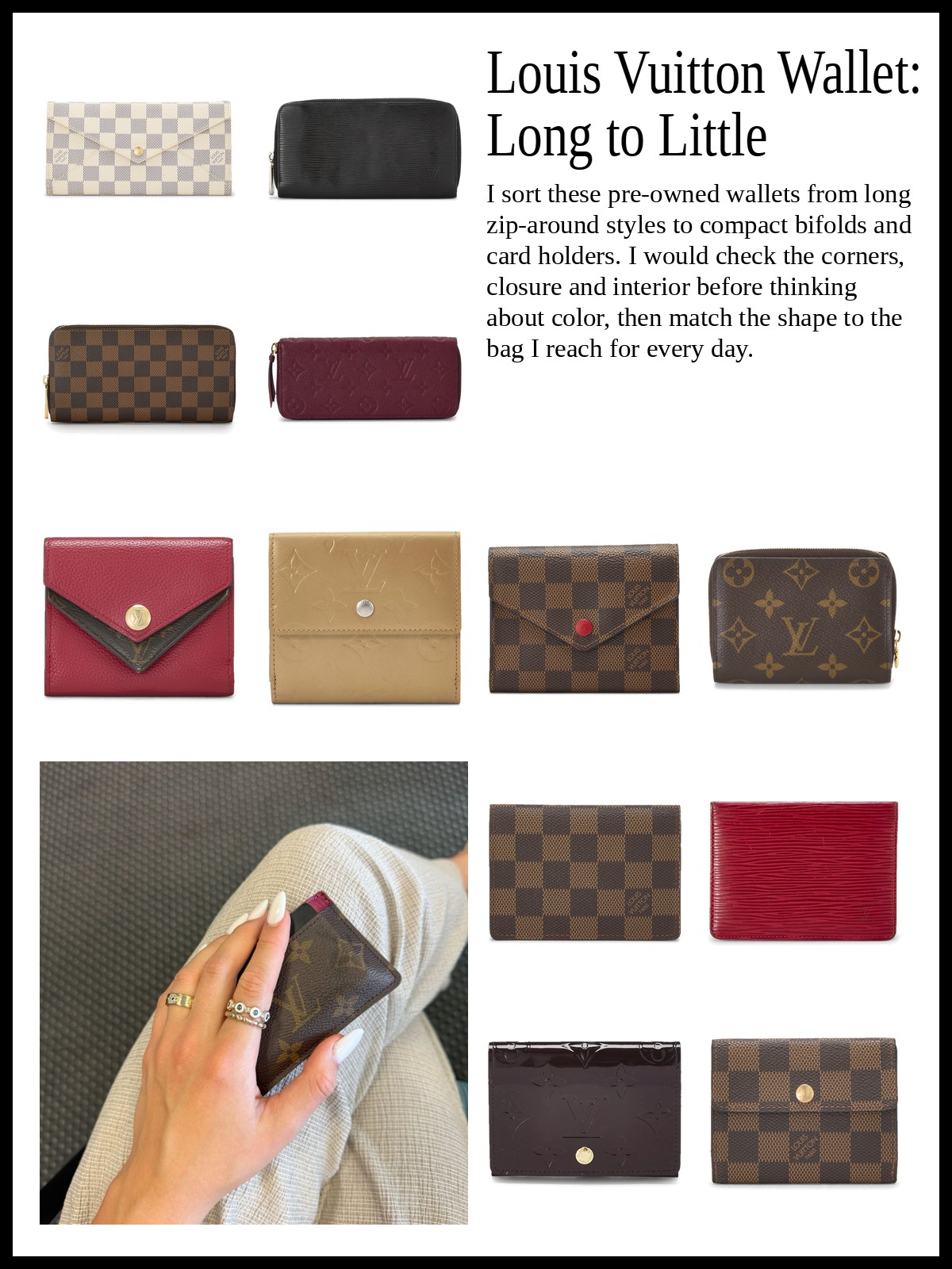Collage of long and zip-around wallets, bifold and compact wallets, and card cases and small wallets, plus a mood photo of a monogram wallet held on a trouser-clad lap
