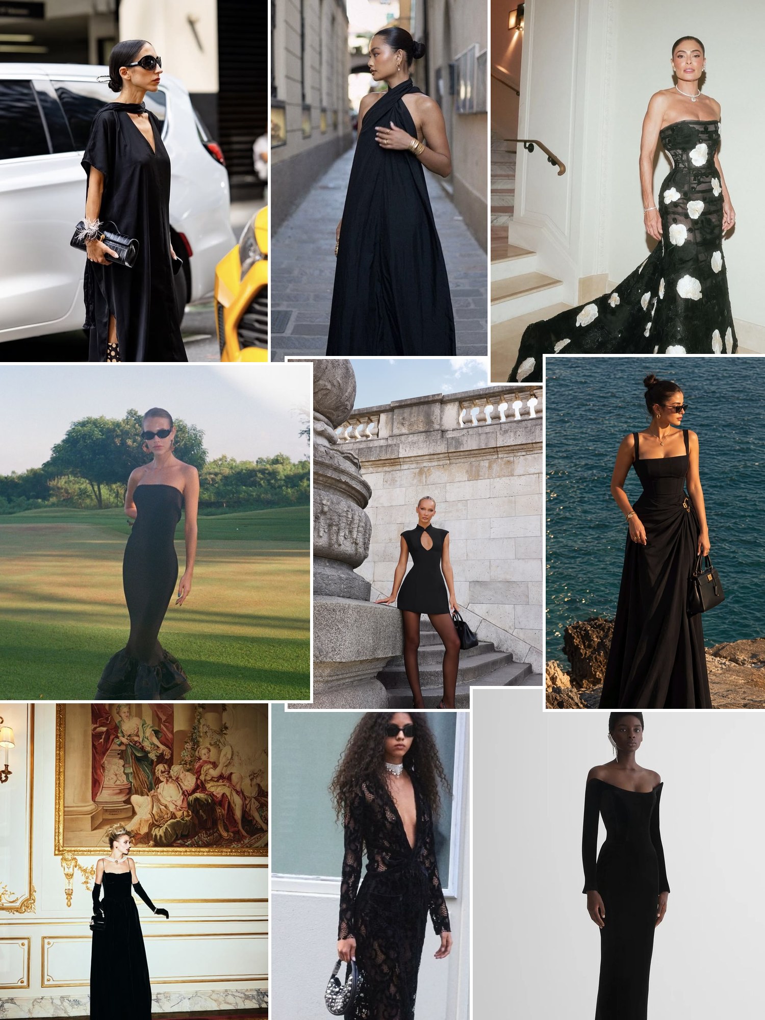 Street style collage of women wearing black formal dresses
