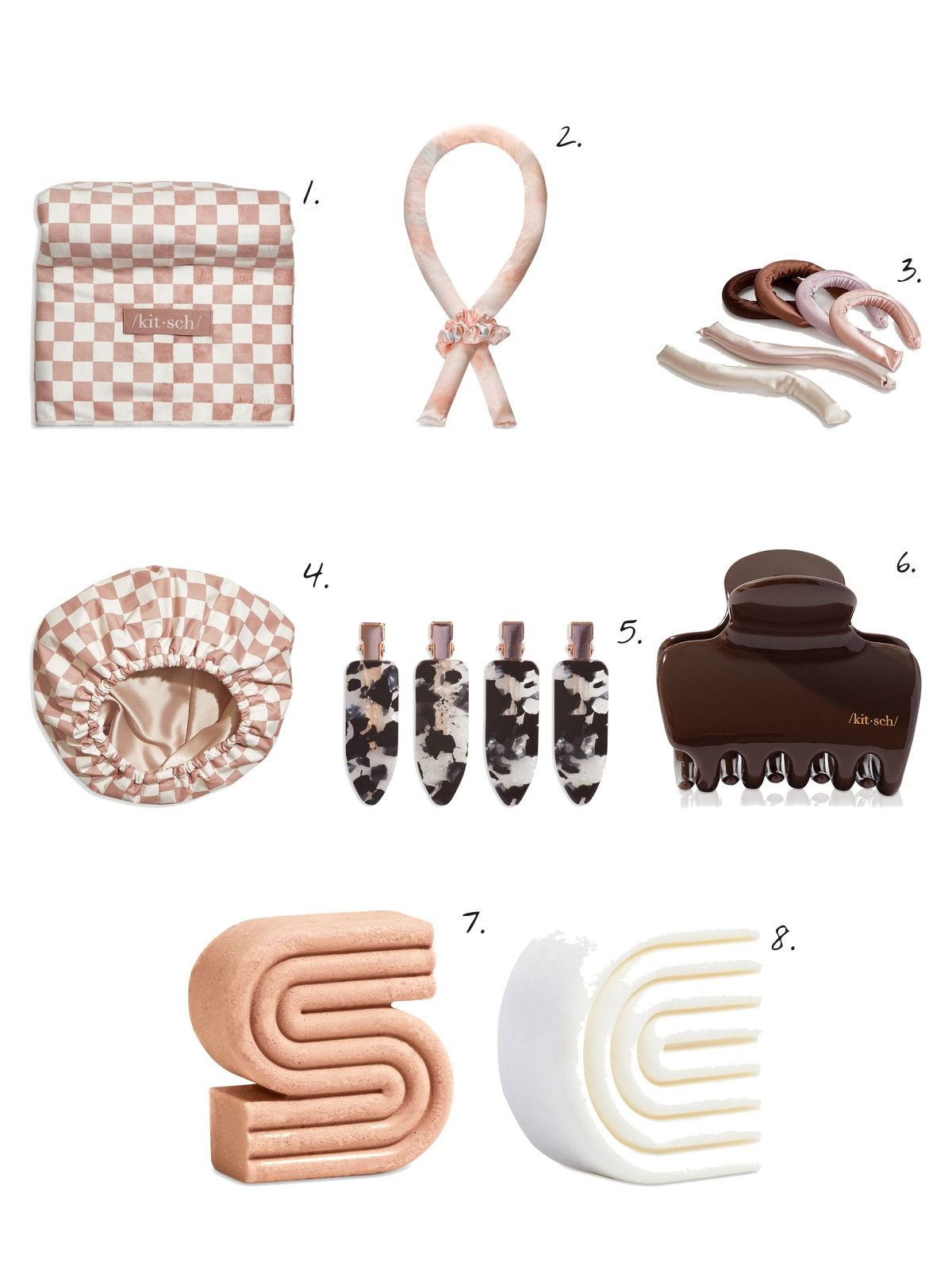 Numbered collage: 1. Kitsch Extra Large Quick Dry Hair Towel Wrap - Terracotta Checker; 2. Kitsch Satin Heatless Curling Set - Sunset Tie Dye; 3. Kitsch Satin Wrapped Flexi Rods, Set of 6; 4. Kitsch Satin Lined Flexi Shower Cap - Terracotta Checker; 5. Kitsch Creaseless Clips - Black Terrazo, Set of 4; 6. Kitsch Puffy Claw Clip; 7. Kitsch Rice Water Protein Strengthening Solid Shampoo 3.2 oz.; 8. Kitsch Rice Water Protein Strengthening Solid Conditioner 2.7 oz.