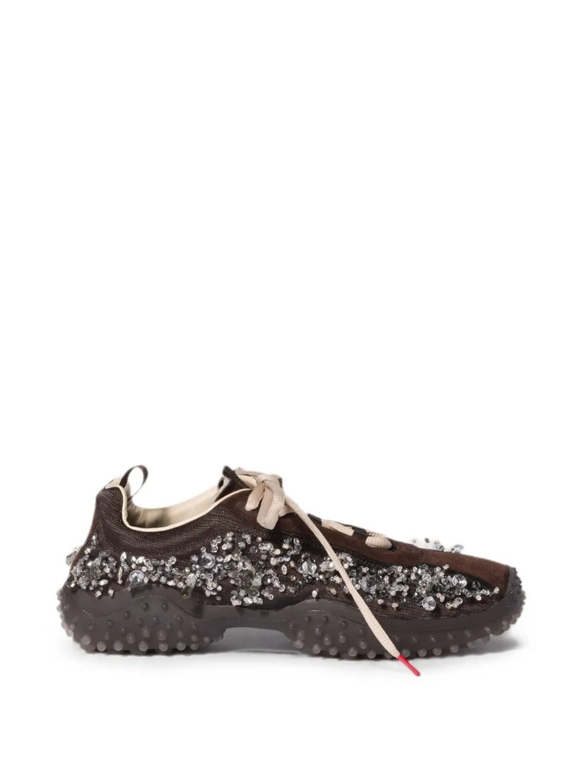 Bubble embroidered technical fabric and suede sneakers