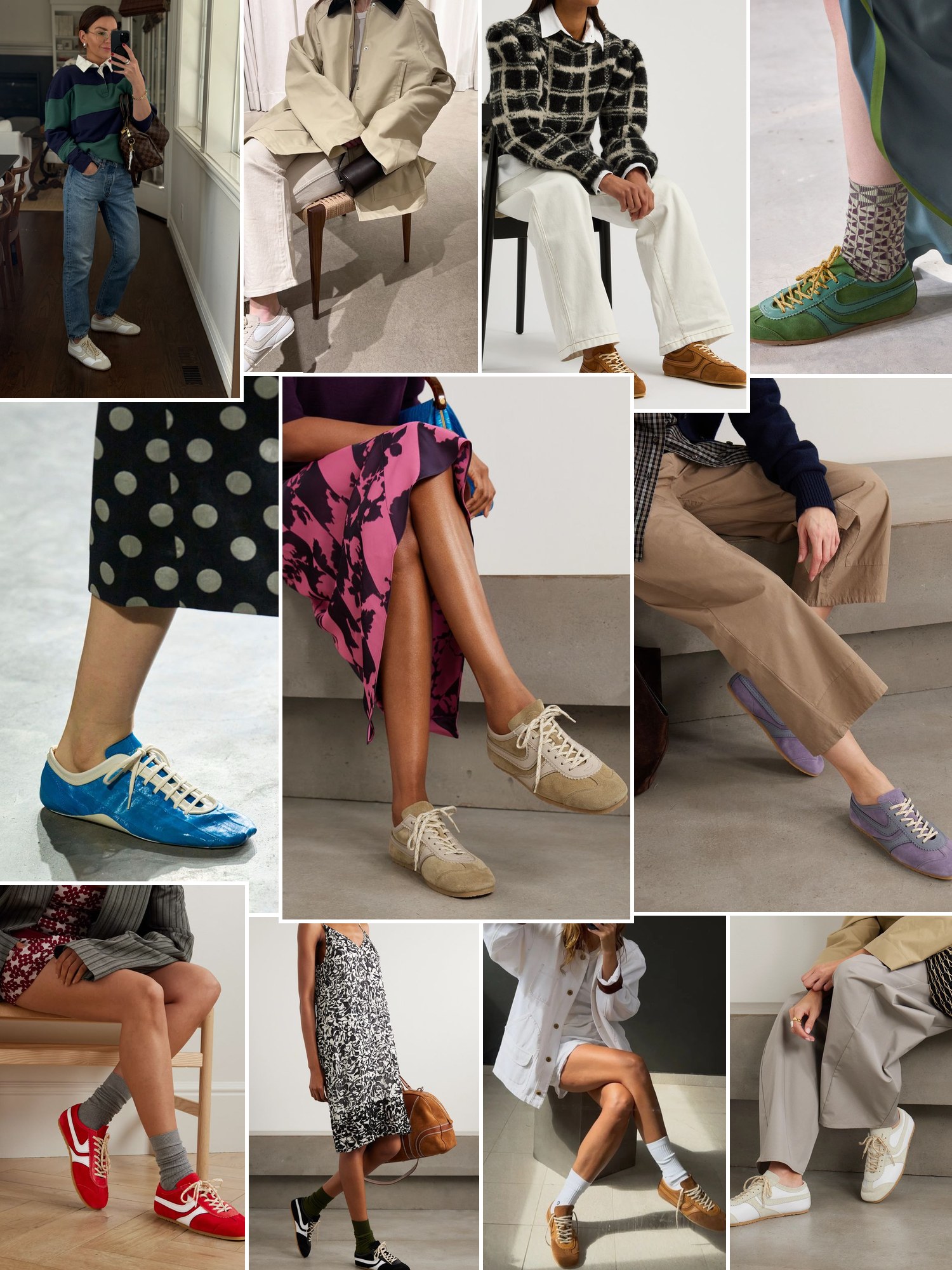Collage of low-top suede and leather sneakers styled with wide trousers and skirts