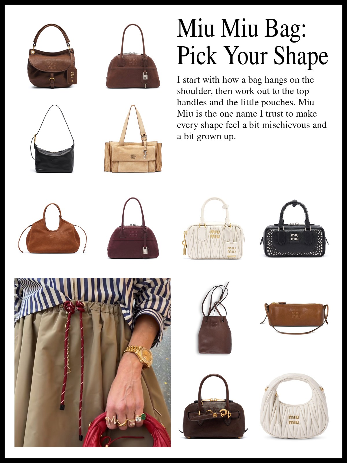 A collage of Miu Miu leather shoulder bags, top-handle bags, a crochet tote and mini pouches, and a mood photo of a striped shirt, a khaki skirt and a red quilted Miu Miu bag.