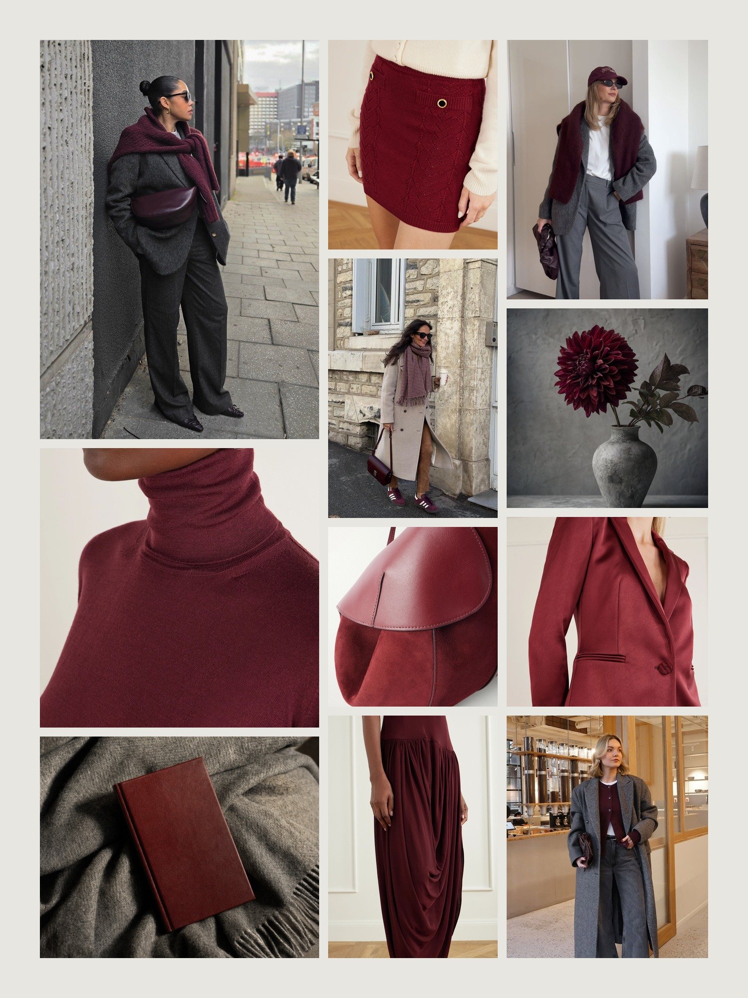 Mood board for burgundy and gray outfits: four street-style photos of women wearing burgundy and gray, close-ups of the Max Mara turtleneck sweater, the Alessandra Rich mini skirt, the Neous leather tote, the Brandon Maxwell maxi dress and the Galvan satin blazer from this edit, and two still lifes in both colors
