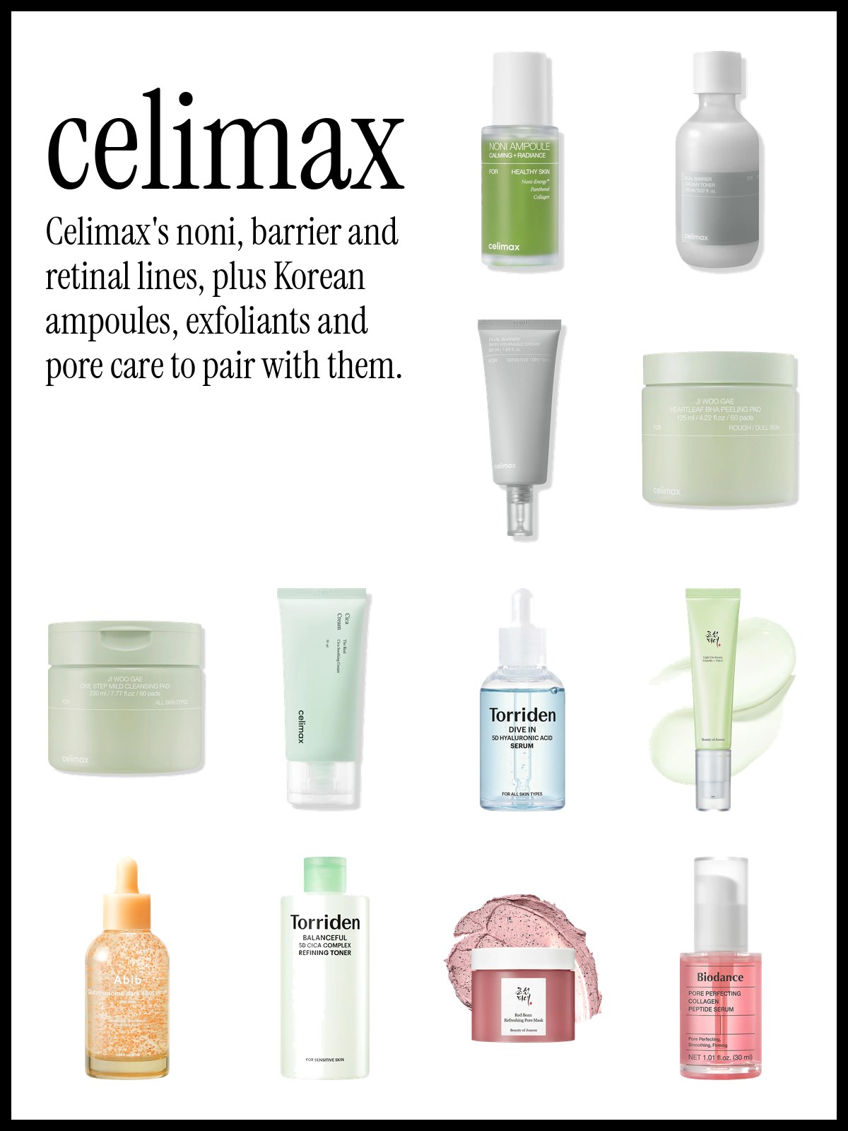 Collage of celimax The Real Noni Energy Ampoule, Dual Barrier Creamy Milky Toner and Heartleaf BHA pads with Torriden, Beauty of Joseon and Abib serums