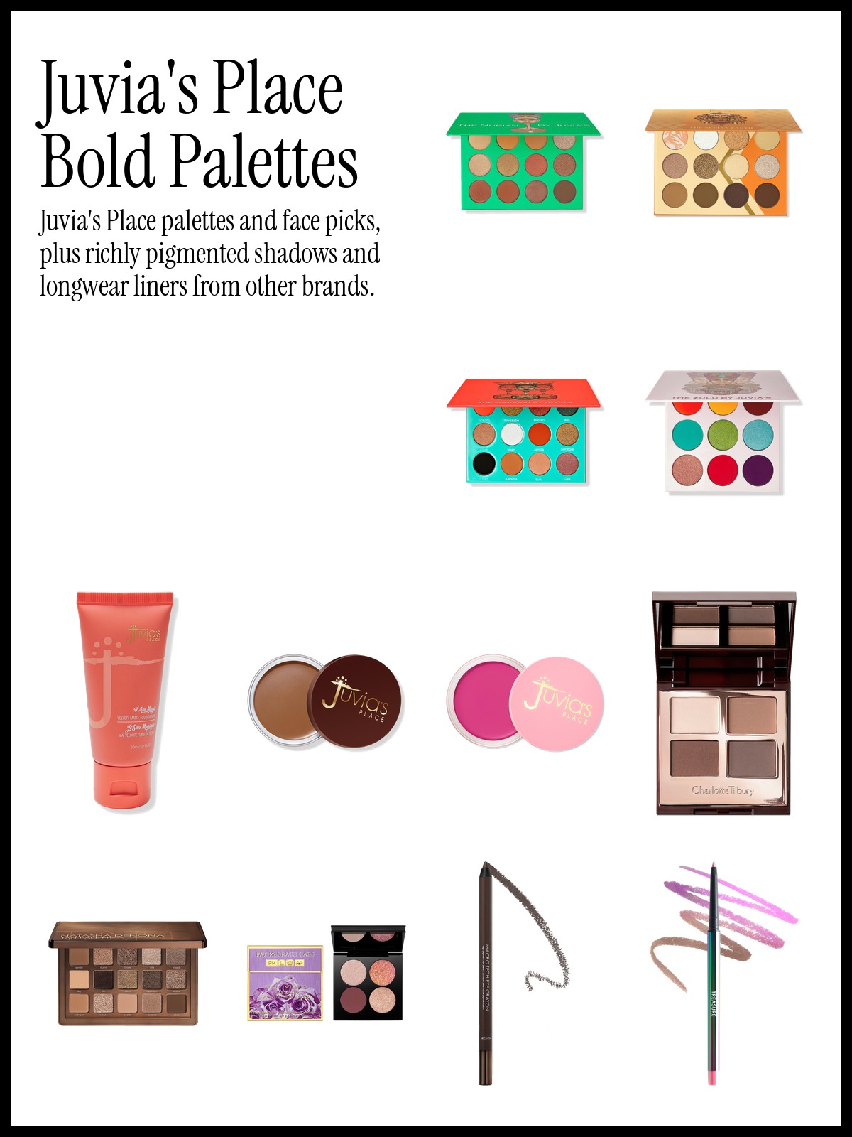 Collage of Juvia's Place The Nubian Palette, I Am Magic Velvety Matte Foundation and Charlotte Tilbury Luxury Eyeshadow Palette