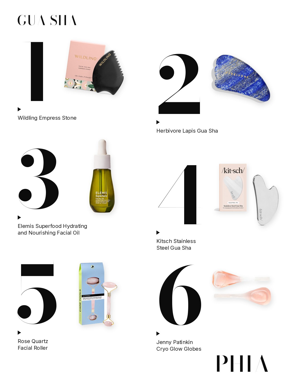 Big numbers collage for Guasha Tool: six products from Wildling, Herbivore, Elemis, Kitsch and Jenny Patinkin, each set beside a large numeral