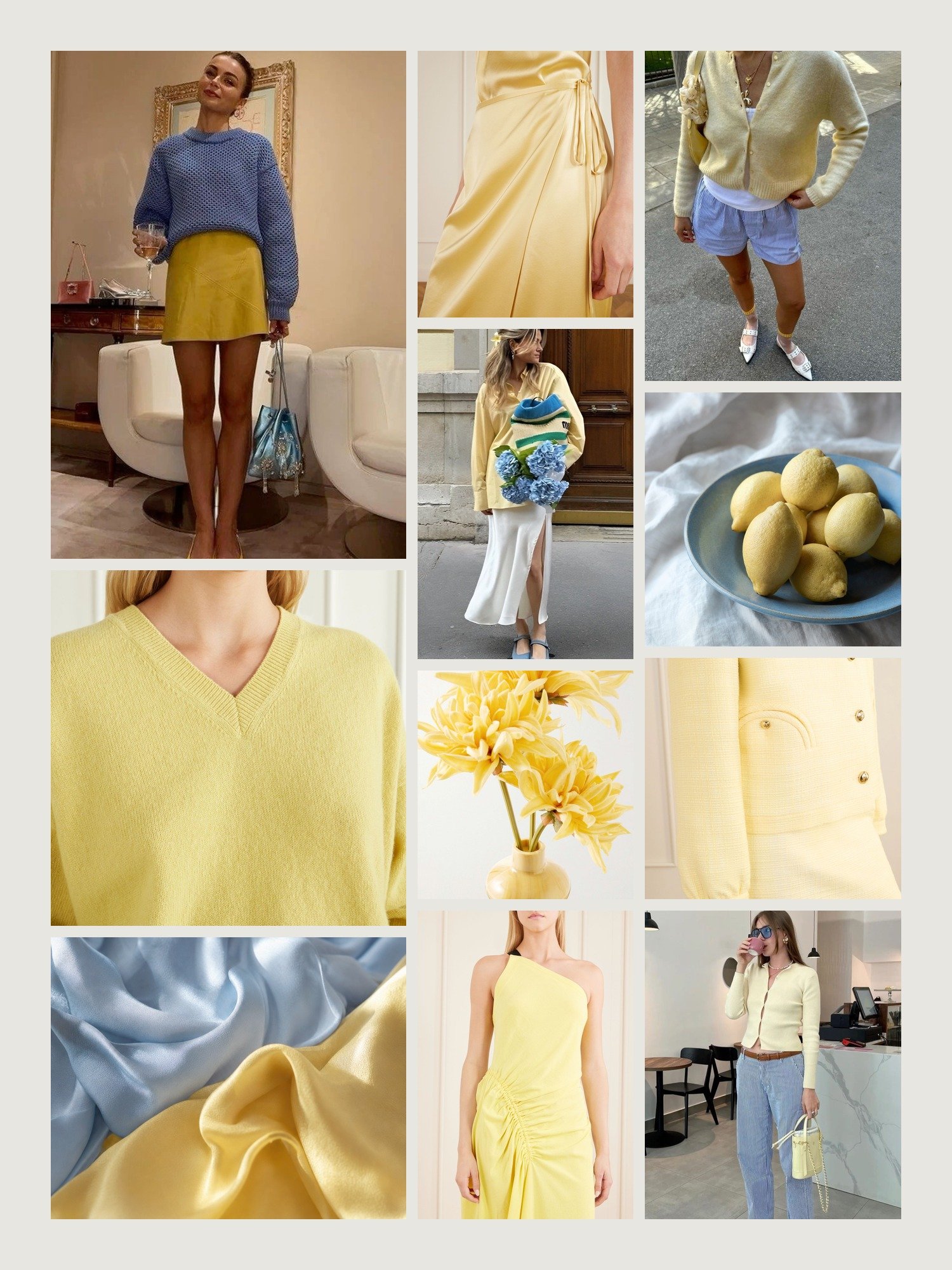 Mood board for butter yellow and baby blue outfits: four street-style photos of women wearing butter yellow and baby blue, close-ups of the &Daughter wool sweater, the Aflalo midi skirt, the Cult Gaia Florence clutch, the Proenza Schouler maxi dress and the Blazé Milano tweed jacket from this edit, and two still lifes in both colors