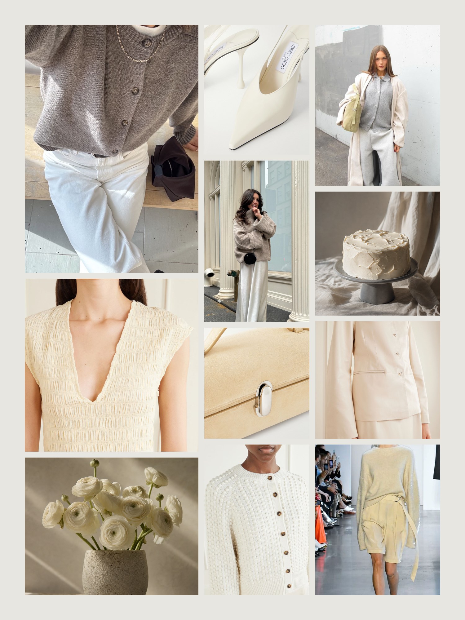 Mood board for cream and gray outfits: four street-style photos of women wearing cream and gray, close-ups of the Savette top-handle bag, the Jimmy Choo pumps, the Loulou de Saison cardigan, the Faithfull midi dress and the Loulou de Saison jacket from this edit, and two still lifes in both colors
