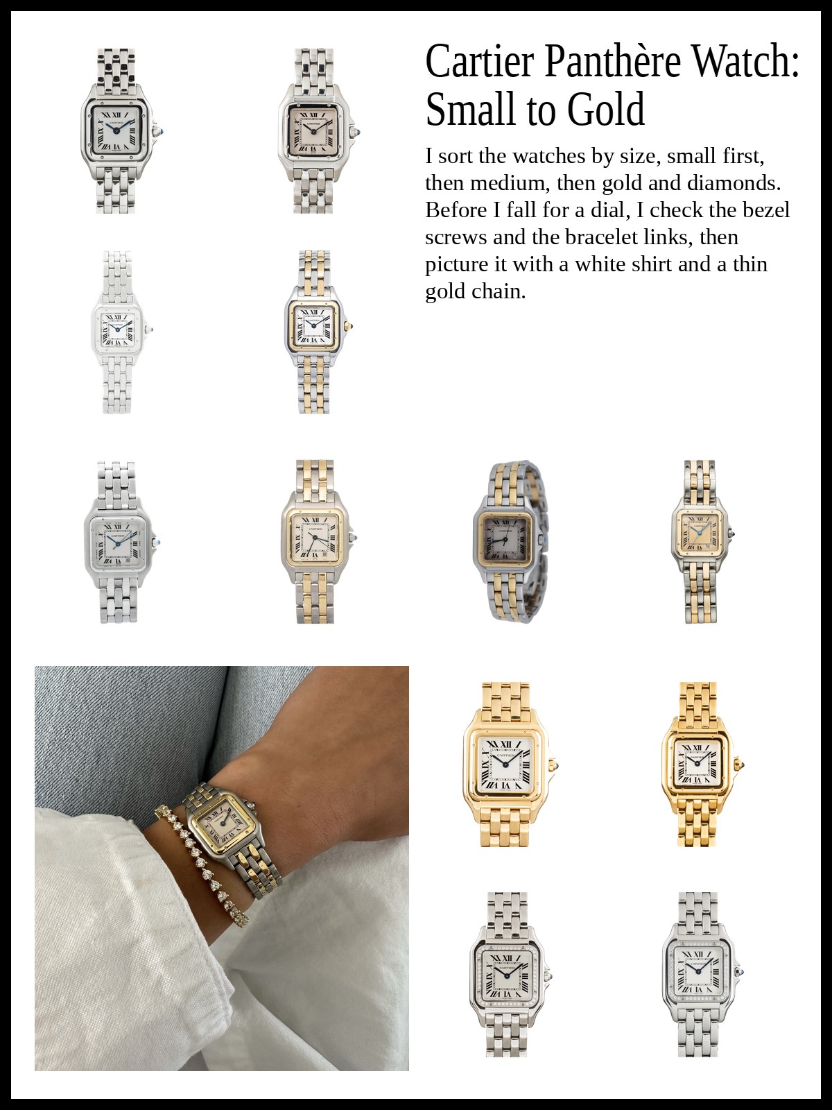 Collage of small steel and two-tone square watches, medium steel and cream-dial watches, and gold and diamond-bezel watches, with a mood photo of a two-tone Panthère watch worn with a white shirt cuff.