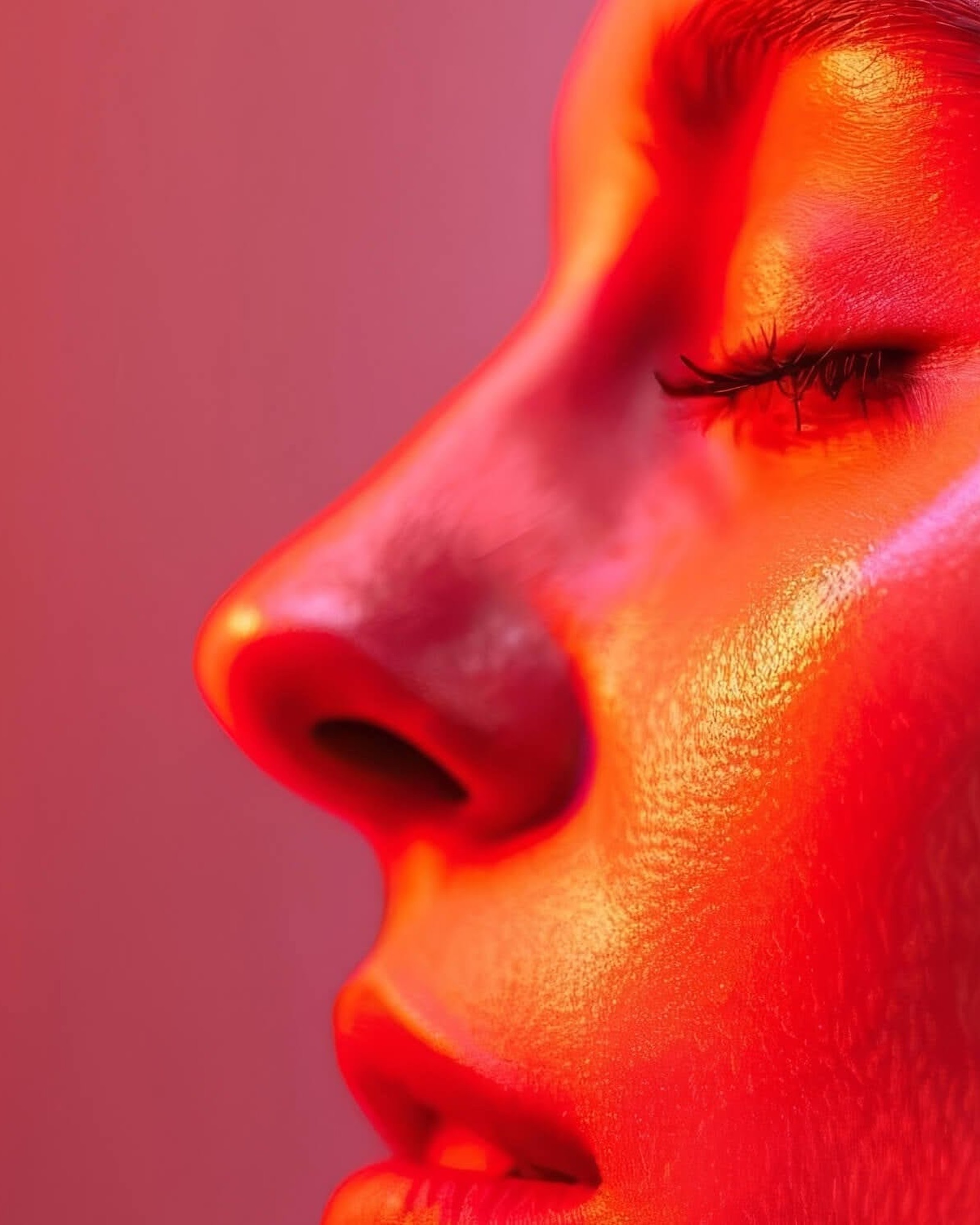 Close-up profile of a face lit in saturated red and orange light