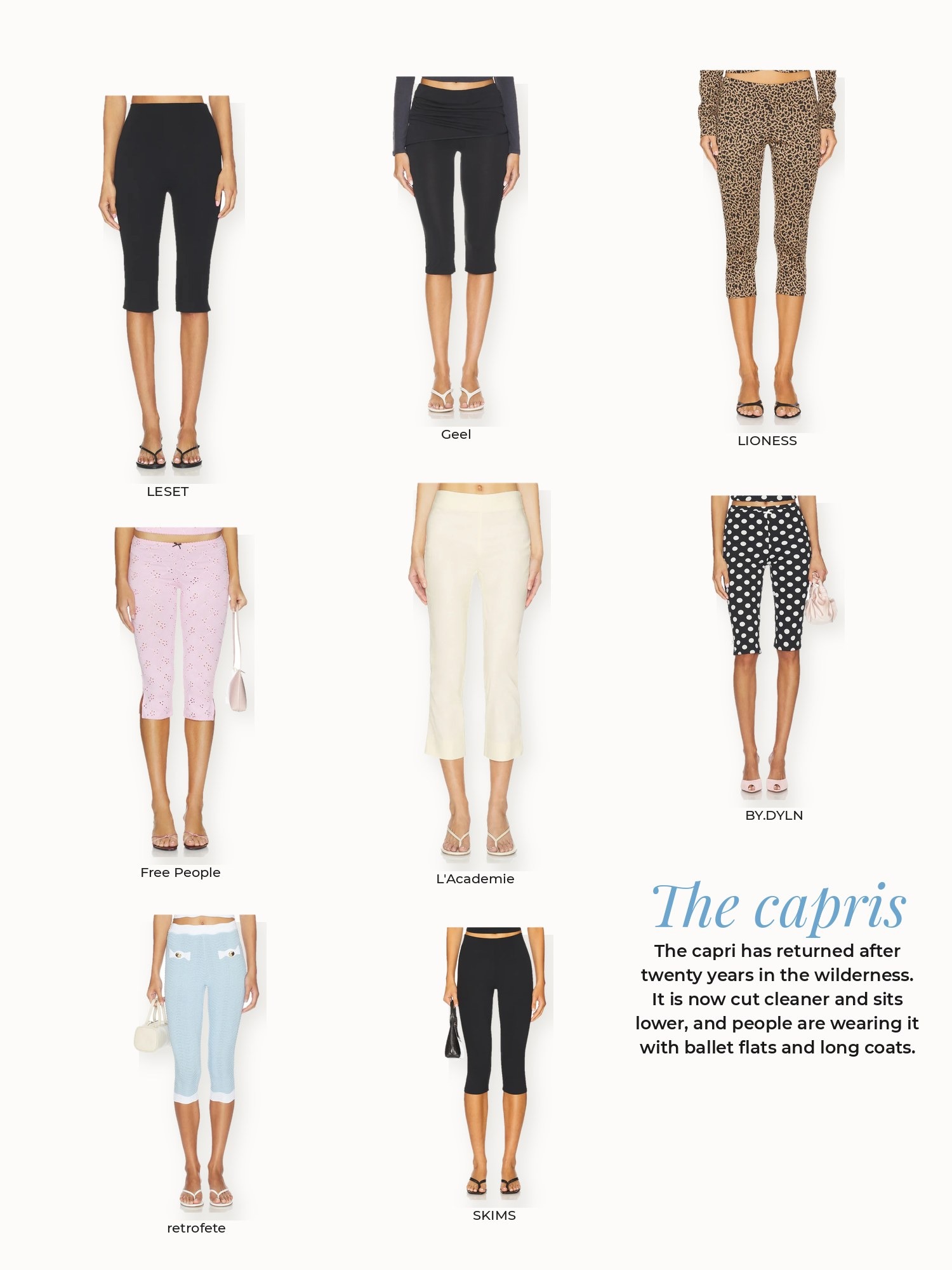Capris collage: BY.DYLN, Free People, Geel, L'Academie, LESET, LIONESS, SKIMS, retrofete