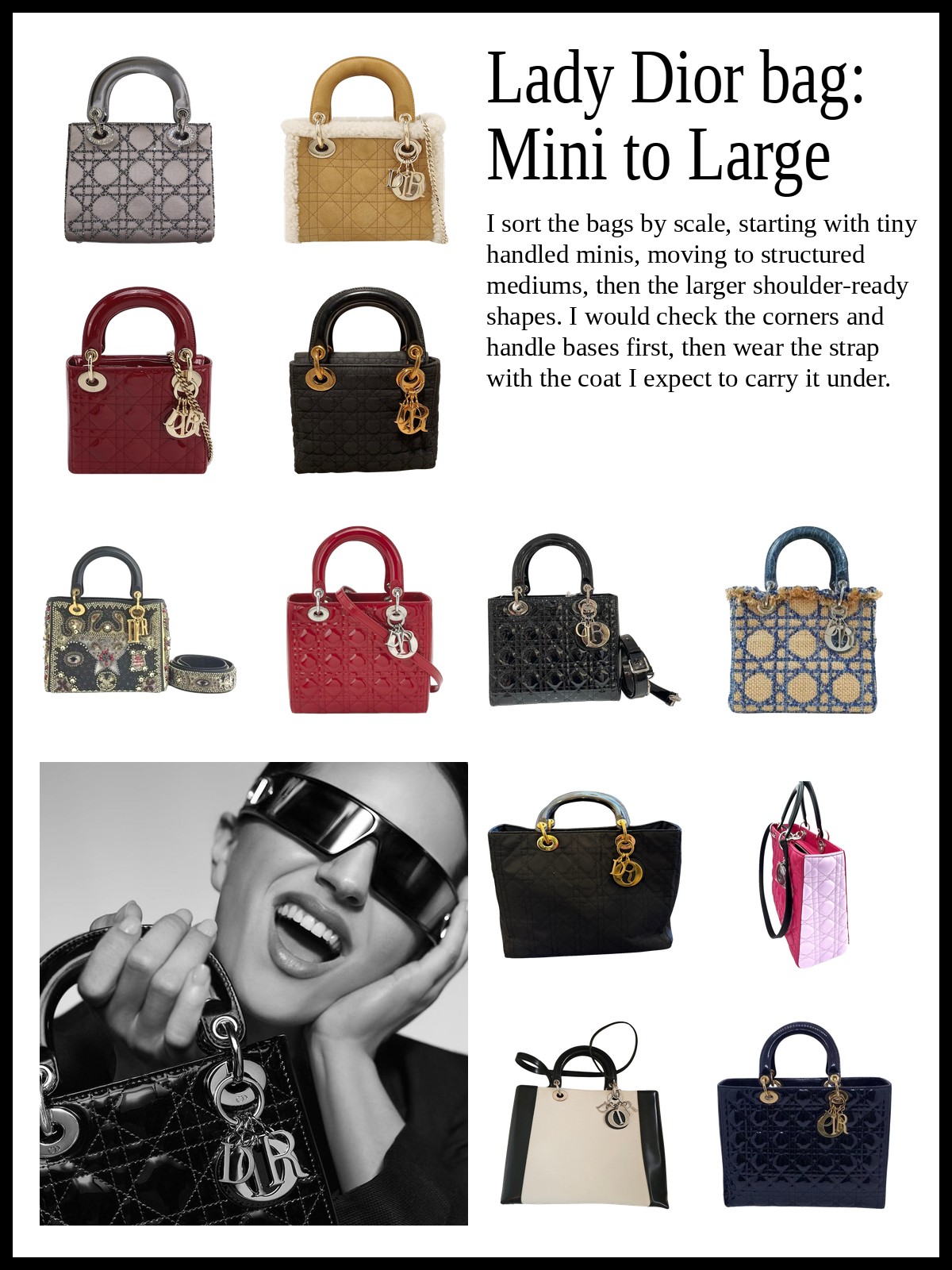 Collage of small top-handle bags, medium structured bags, and large shoulder bags, plus a close-up of a quilted bag with its letter charm