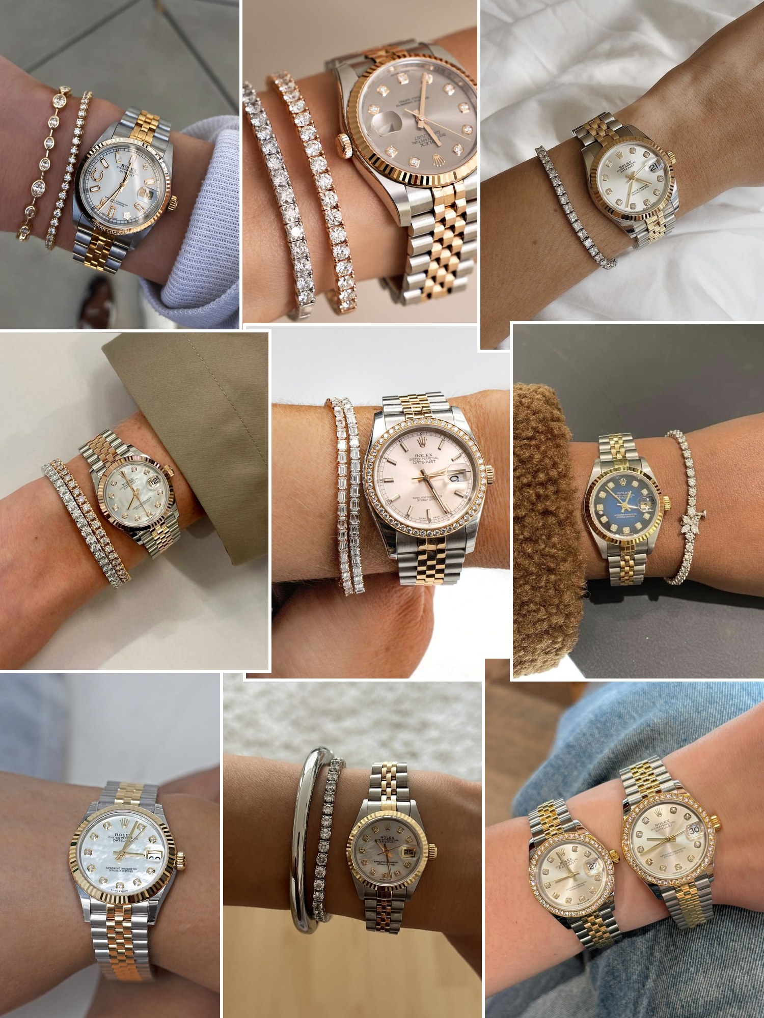 Collage of women wearing two-tone and gold Rolex watches with everyday outfits