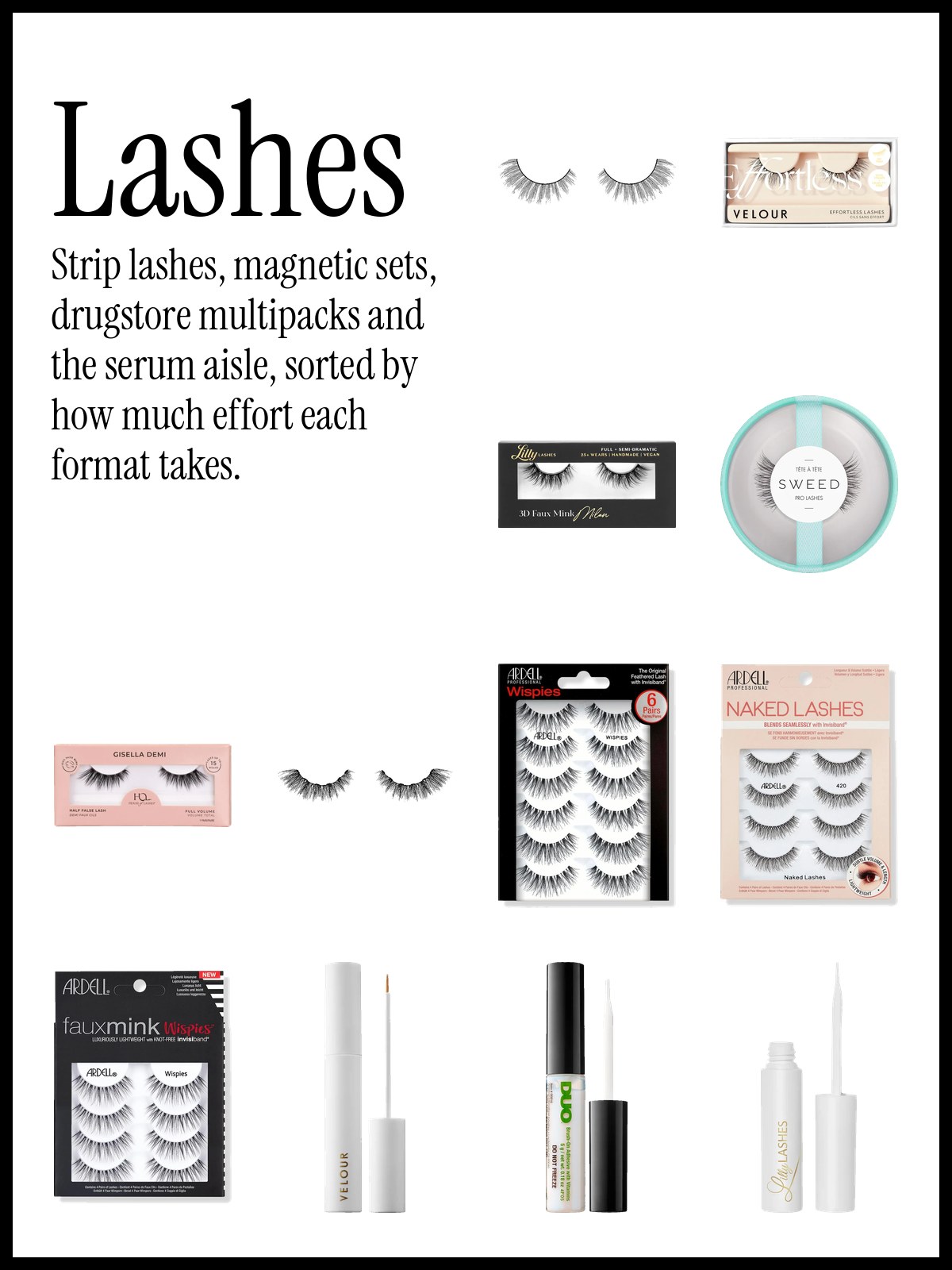 Collage of false eyelash multipacks, magnetic lash sets and lash glue tubes